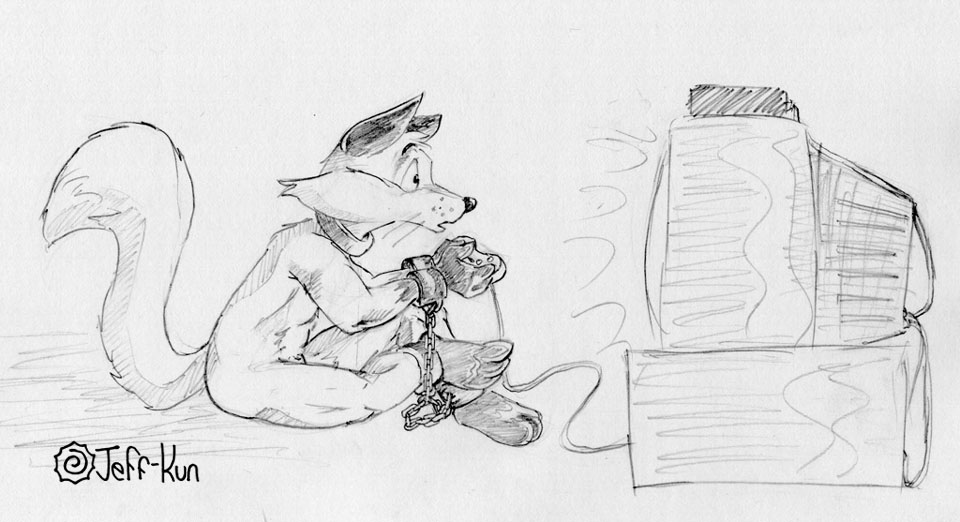 barely_visible_genitalia bondage canine chains collar fox gaming handcuffs leafdog male male_only mammal monochrome penis shackles sketch television traditional_media_(artwork) video_games