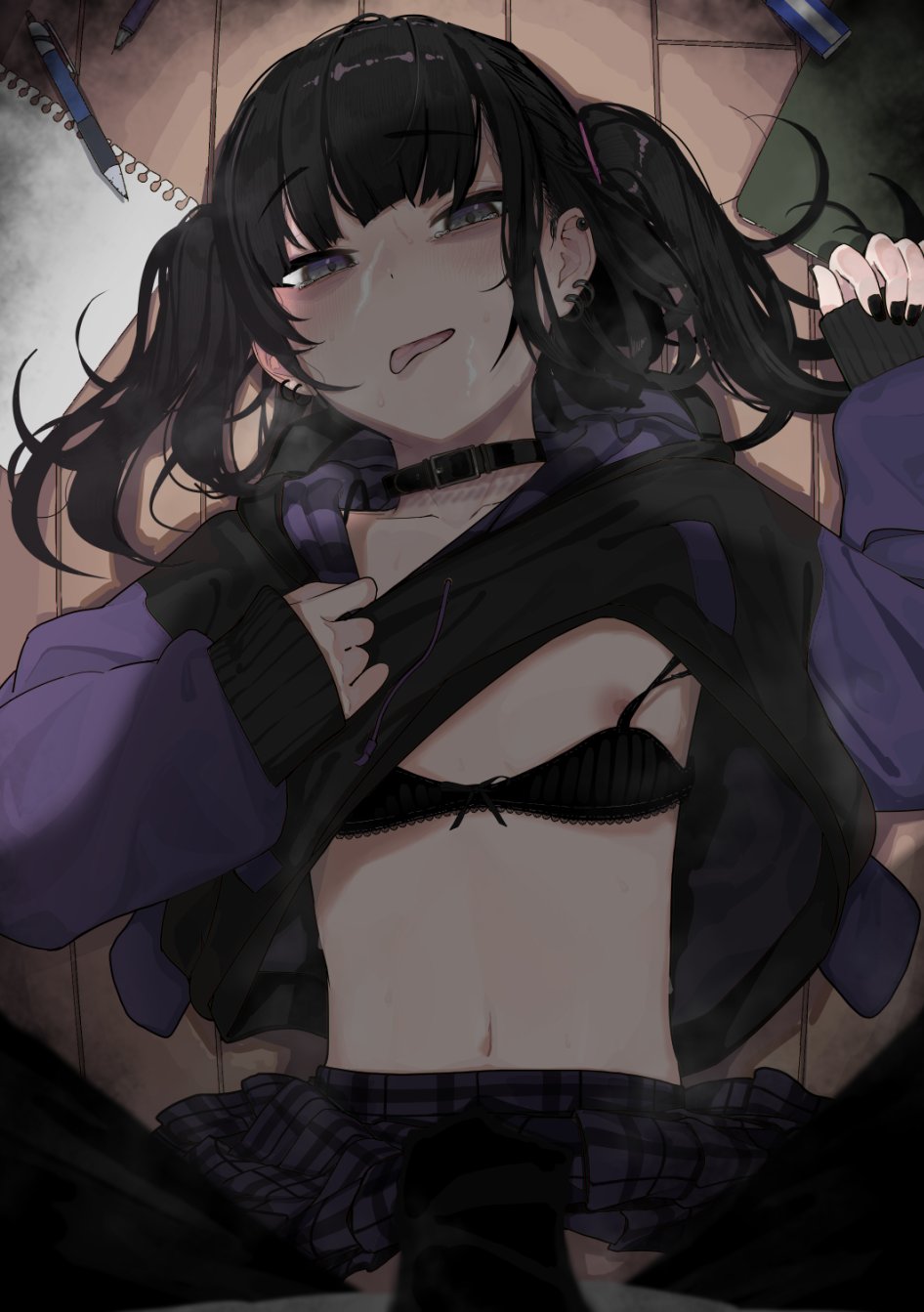 1boy aroused_nosebleed black_bra black_choker black_hair black_nails blood blood_in_mouth blush boy_on_top bra bra_pull breasts choker clothes_lift clothes_pull cover cover_page cum cum_on_body doujin_cover ear_piercing earrings facial female grey_eyes highres hood hoodie hoodie_lift jewelry kashihara_noa_(kindatsu) kindatsu long_sleeves looking_at_viewer lying medium_hair navel nosebleed on_back on_floor open_mouth original pen piercing pov rope_marks skirt skirt_lift sleeves_past_wrists small_breasts straight sweat textless_version translation_request twintails underwear