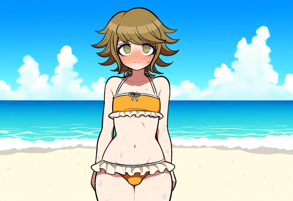 1boy, ai generated, beach, bikini, blush, danganronpa, danganronpa: trigger happy havoc, femboy, fujisaki chihiro, human, looking at viewer, male, male only, novelai, solo, trap
