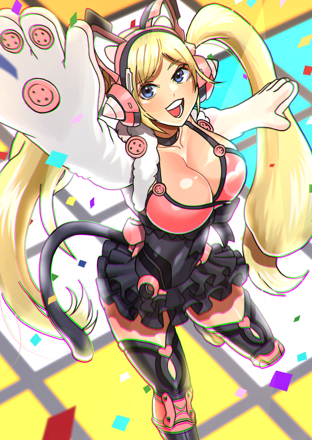 1girls akisu_k animal_ear_headphones bandai_namco big_breasts blonde_female blonde_hair blonde_hair blonde_hair_female blue_eyes cat_ear_headphones cat_gloves_jacket dance_floor female female_focus female_only headphones huge_breasts looking_at_viewer looking_pleasured looking_up lucky_chloe namco smile solo solo_female solo_focus tagme tekken tekken_7