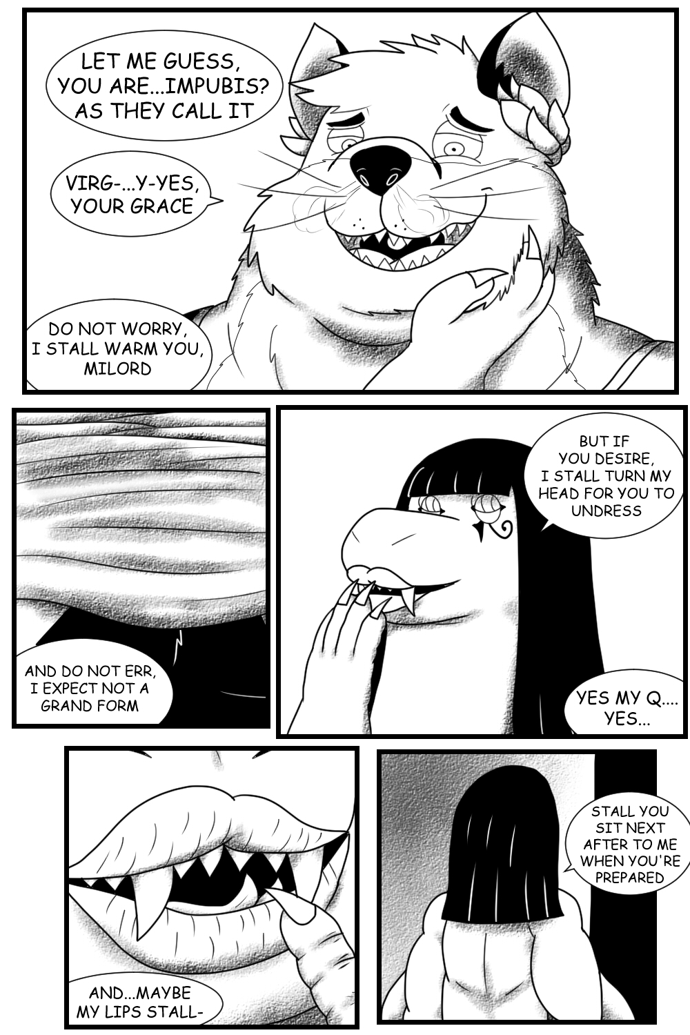 alythewolfcat ancient_rome anthro black_and_white claudius_(xxsparcoxx) cleopatra clothing comic duo english_text female hi_res lips male manga_style monochrome morbidly_obese nude obese overweight reptile scalie snake text undressing viper