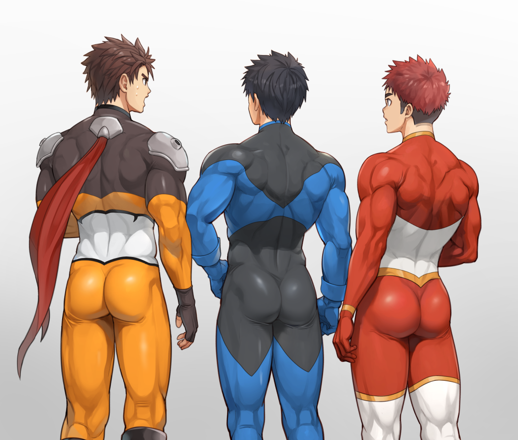 3boys ass ass_cleavage ass_focus back_muscles back_view biceps big_ass black_hair bodysuit brown_hair bubble_butt ebitendon fingerless_gloves gay gloves gradient_background hand_on_leg hand_on_waist height_difference hero hi_res male male_only manly mature_male muscles muscular muscular_arms muscular_ass muscular_back muscular_legs muscular_male muscular_thighs original original_character plump_ass red_hair short_hair standing sweat sweatdrop talking tight_ass torakichi_(ebitendon) torakitchen triceps walking white_background yaoi young