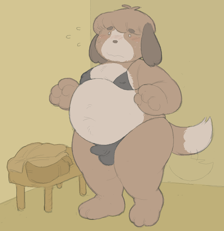 2024 animal_crossing anthro balls_outline belly bikini black_bikini black_clothing black_swimwear brown_body brown_fur bulge cafongterua canid canine canis changing_room clothed clothing colored crossdressing detailed_bulge digby_(animal_crossing) digital_drawing_(artwork) digital_media_(artwork) domestic_dog femboy floppy_ears freckled_face freckles fur genital_outline inside love_handles male mammal moobs navel nervous nintendo nipple_outline overweight overweight_anthro overweight_male penis_outline shih_tzu shy skimpy solo standing string_bikini swimwear tail tail_motion tailwag thick_thighs tight_bikini toy_dog triangle_bikini two-piece_swimsuit