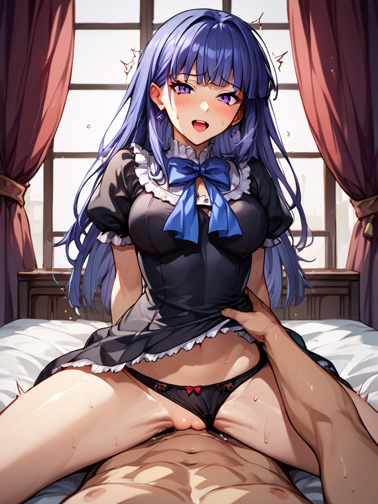 07th_expansion ai_generated black_dress black_panties blue_hair blue_ribbon cowgirl_position deep_penetration frederica_bernkastel frills hand_on_another's_hip long_hair looking_at_viewer midriff on_bed open_mouth pov purple_eyes sex sweat umineko_no_naku_koro_ni window