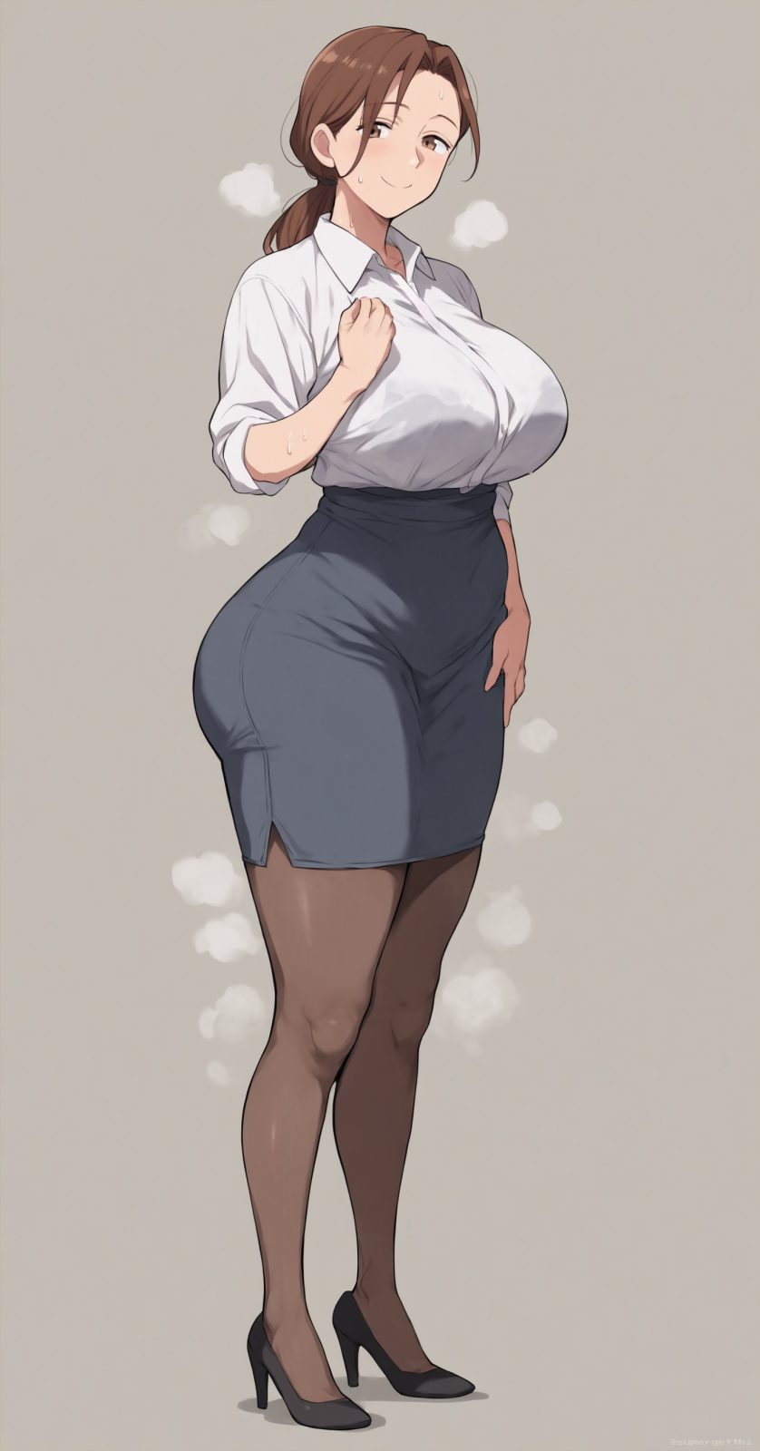 1girls ai_generated brown_eyes brown_hair collared_shirt full_body high_heels huge_ass large_breasts office_lady pantyhose pencil_skirt steam supergetthi sweat