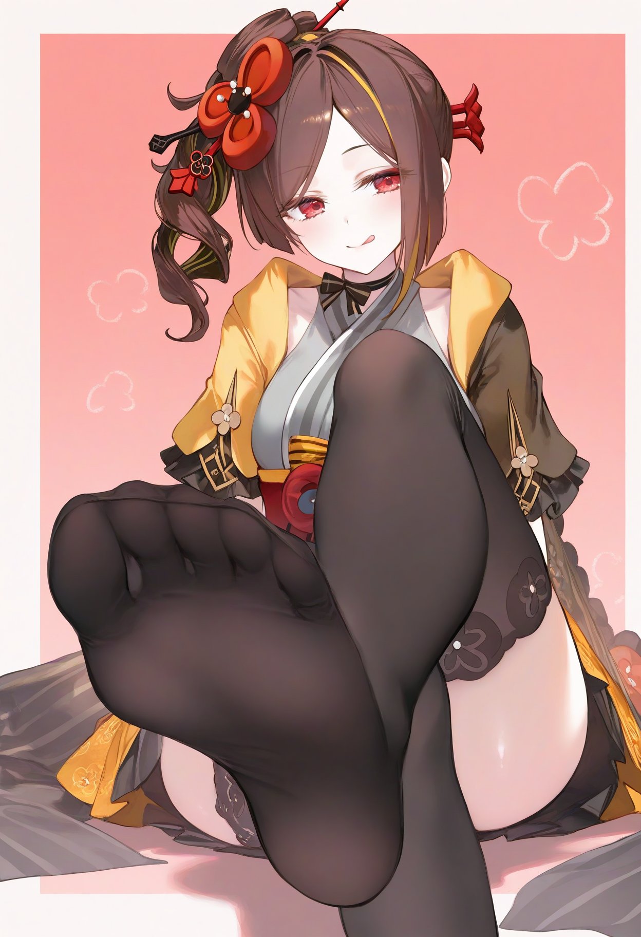 1girls brown_hair chiori_(genshin_impact) crossed_legs feet feet_fetish feet_focus female foot_fetish genshin_impact kimono pov_feet red_eyes soles stockings thick_ass toes