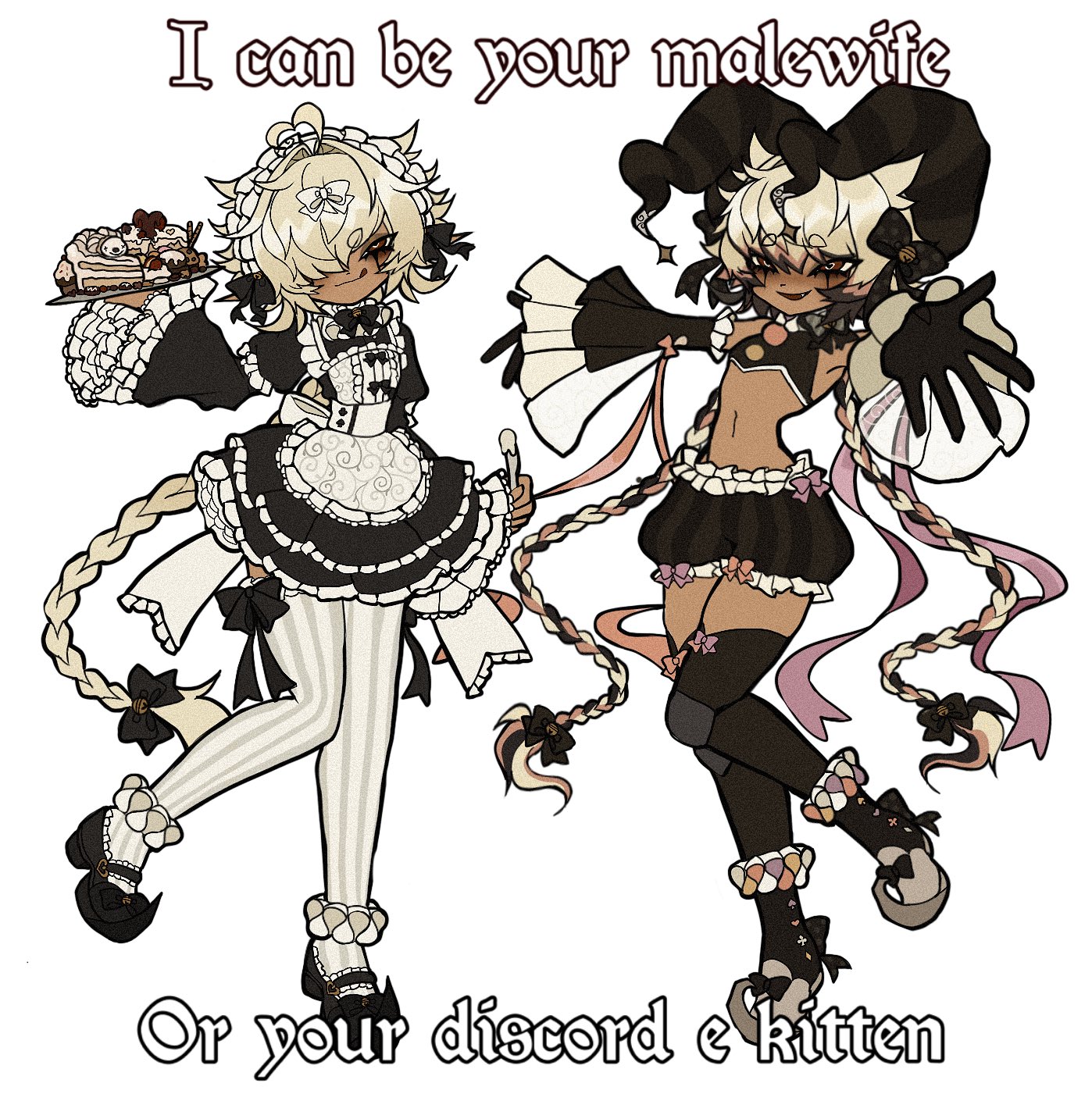 1male, 2d, boywife, cake, clothed, clothing, cute, femboy, feminine male, food, liar (sh4rkle), long hair, maid, maid uniform, male, male wife, no background, ribbon, sh4rkle (artist), smug, smug face, striped legwear, text, thighhighs, tongue, tongue out, tummy