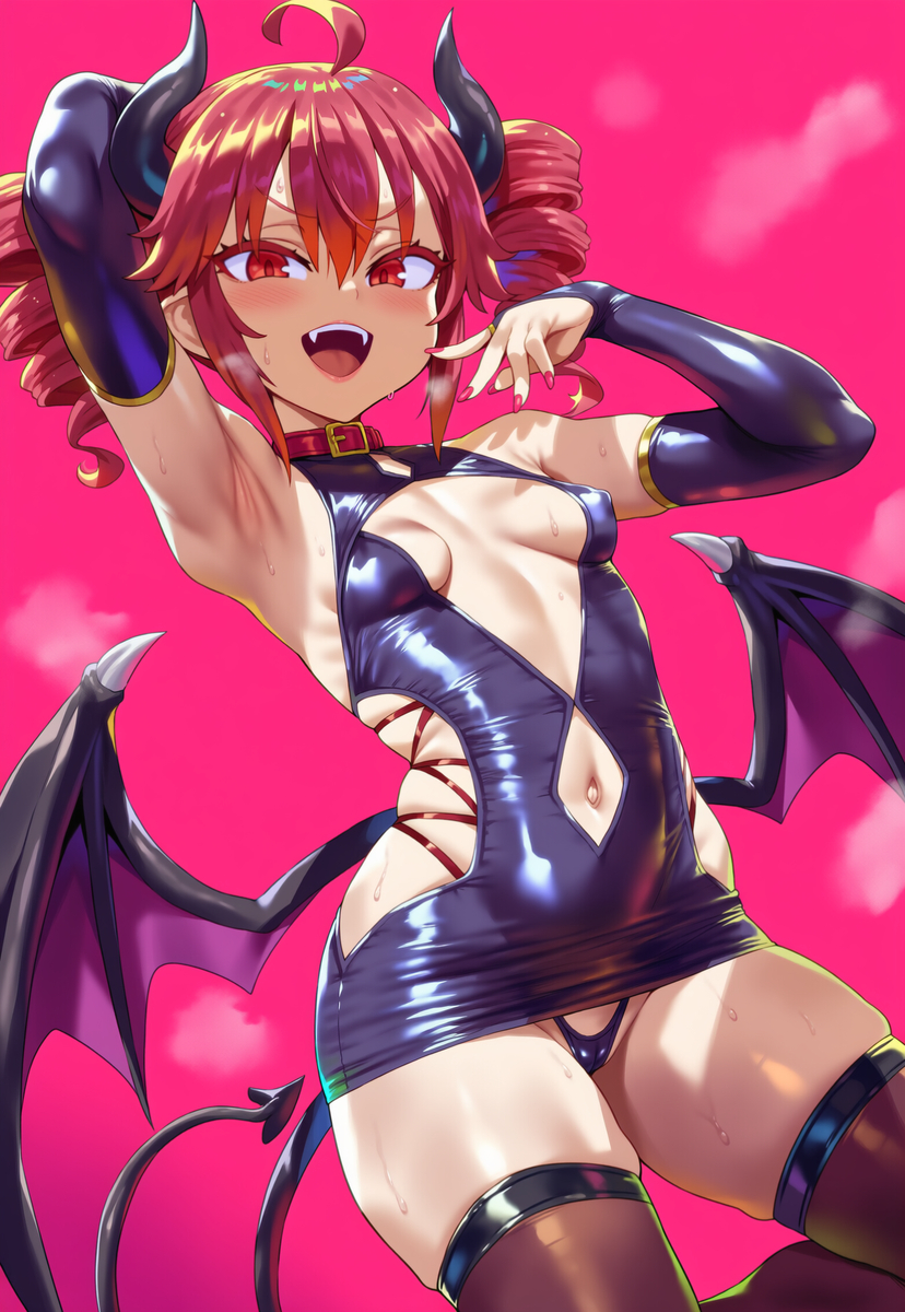 1girls, ahoge, ai generated, ai slop, armpit crease, armpit fetish, armpits, arms behind head, arms up, armwear, belly, big thighs, blush, breasts, c-string, collar, curvaceous, curvy, curvy female, curvy figure, demon, demon girl, demon horns, demon tail, demon wings, exposed torso, fat thighs, female, female only, horns, huge thighs, kasane teto, large thighs, latex, latex clothing, latex gloves, laughing, looking at viewer, low-angle view, midriff, nail polish, navel, open mouth, painted nails, plump, plump thighs, red eyes, red hair, red nails, skindentation, small breasts, smug, smug face, solo, solo female, succubus, succubus horns, succubus tail, succubus wings, sweat, sweating, sweaty armpits, thick thighs, thigh squish, thighhighs, thighs, thong, twin drills, utau, wide hips, wings
