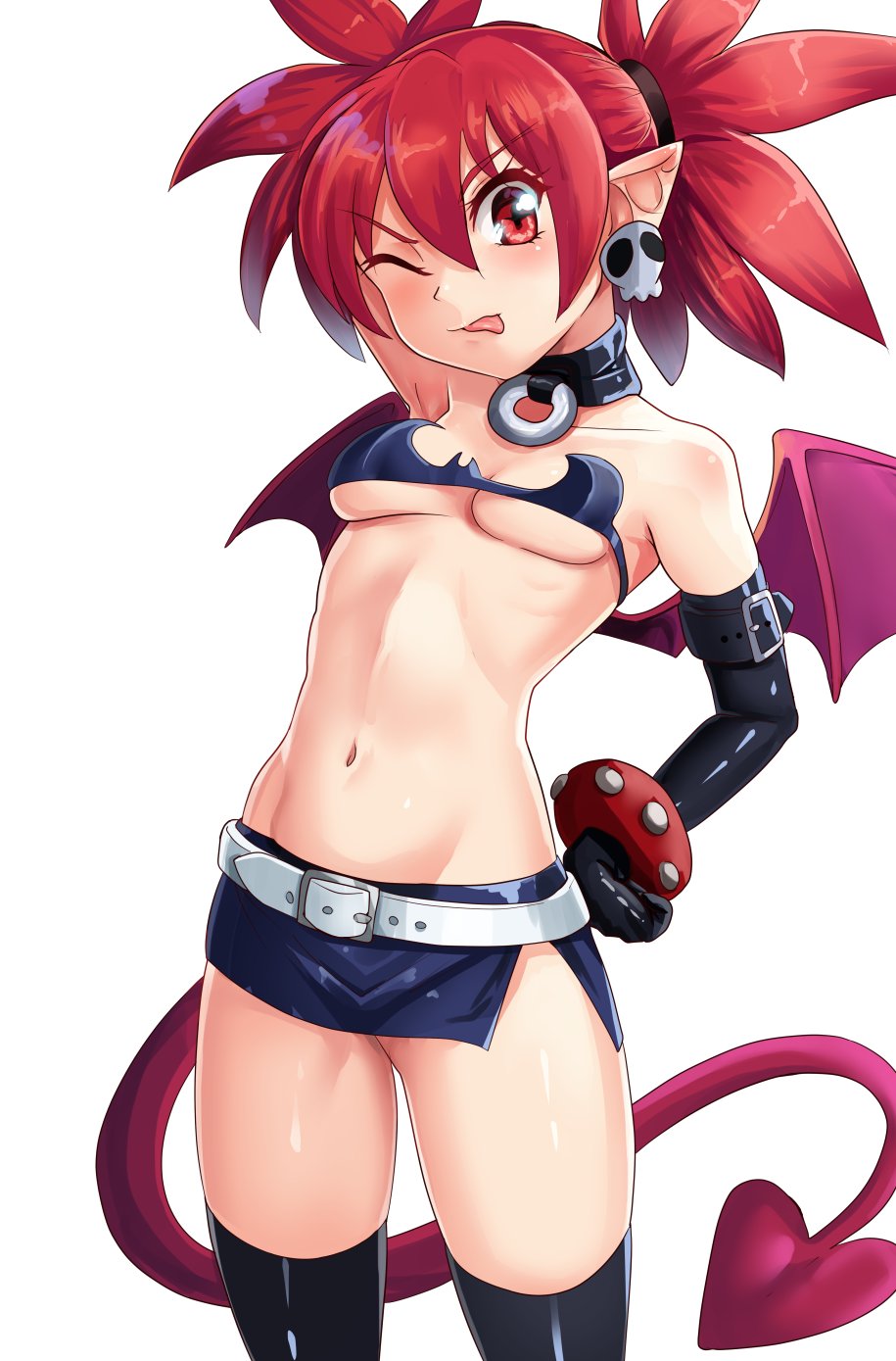 1girls arm_behind_head armpits bra breasts bursting_breasts cleavage confident demon_girl demon_tail disgaea etna hand_on_hip highres legs looking_at_viewer medium_breasts medium_hair midriff model_pose navel nico-mo one_eye_closed pointy_ears pose posing red_eyes red_hair skirt smile solo strapless strapless_bra tail thighs toned tongue tongue_out twintails underboob underwear wink