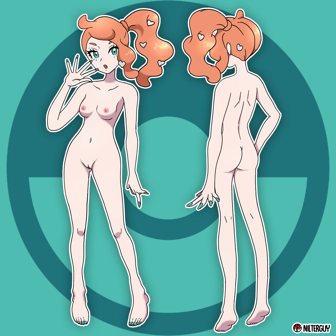 1girls, accurate art style, ass, barefoot, breasts, feet, female, female only, hair ornament, human, light skin, light-skinned female, medium breasts, multiple views, naked, nipples, nonsexual, nonsexual nudity, nude, nude female, nudefilterguy, official artwork edit, official style, orange hair, orange-haired female, painted fingernails, painted nails, pale skin, pokemon, pokemon ss, pussy, shaved pussy, simple background, slim waist, solo, solo female, sonia (pokemon)
