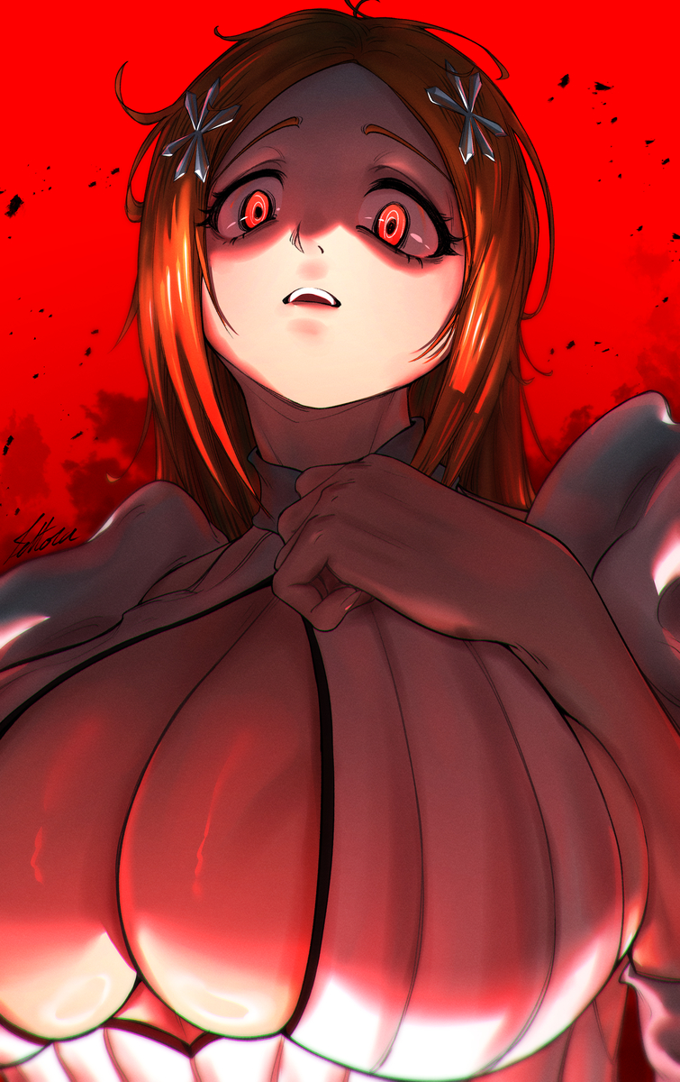 1girls artist_request bleach breasts crazy_eyes fully_clothed huge_breasts inoue_orihime open_mouth yandere