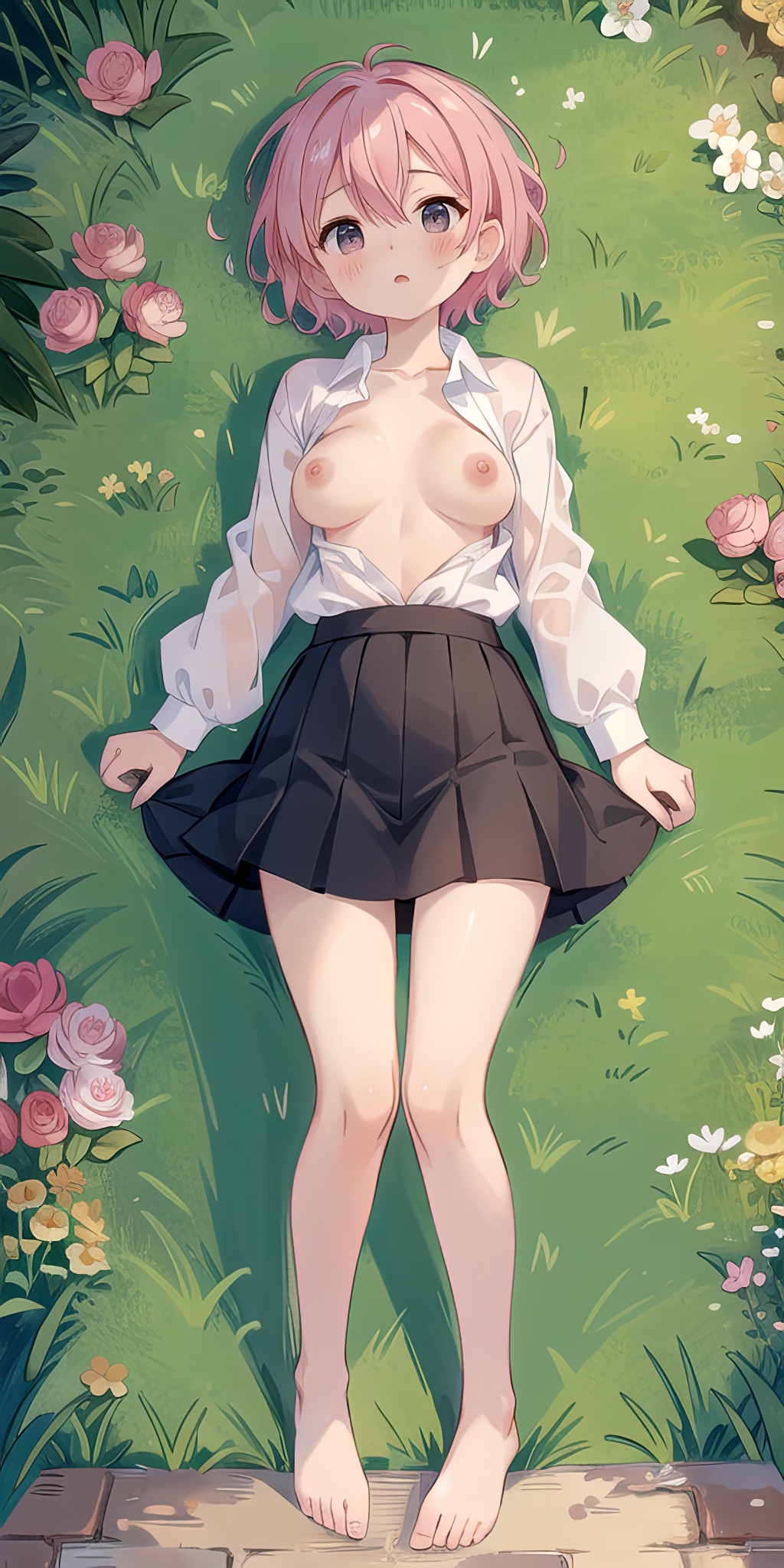 1girls :o ai_generated bangs bare_legs barefoot black_skirt blush breasts breasts_apart breasts_out collarbone collared_shirt crossed_bangs dakimakura_(medium) dress_shirt feet flower from_above full_body grass hair_between_eyes knees_together_feet_apart legs long_sleeves looking_at_viewer lying medium_breasts miniskirt natsuyoru nipples no_bra on_back on_grass on_ground open_clothes open_mouth open_shirt outdoors parted_lips pink_eyes pink_flower pink_hair pink_rose pleated_skirt purple_eyes rose school_uniform see-through shirt shirt_tucked_in short_hair skirt solo toenails toes wet wet_clothes wet_shirt white_flower white_shirt yellow_flower