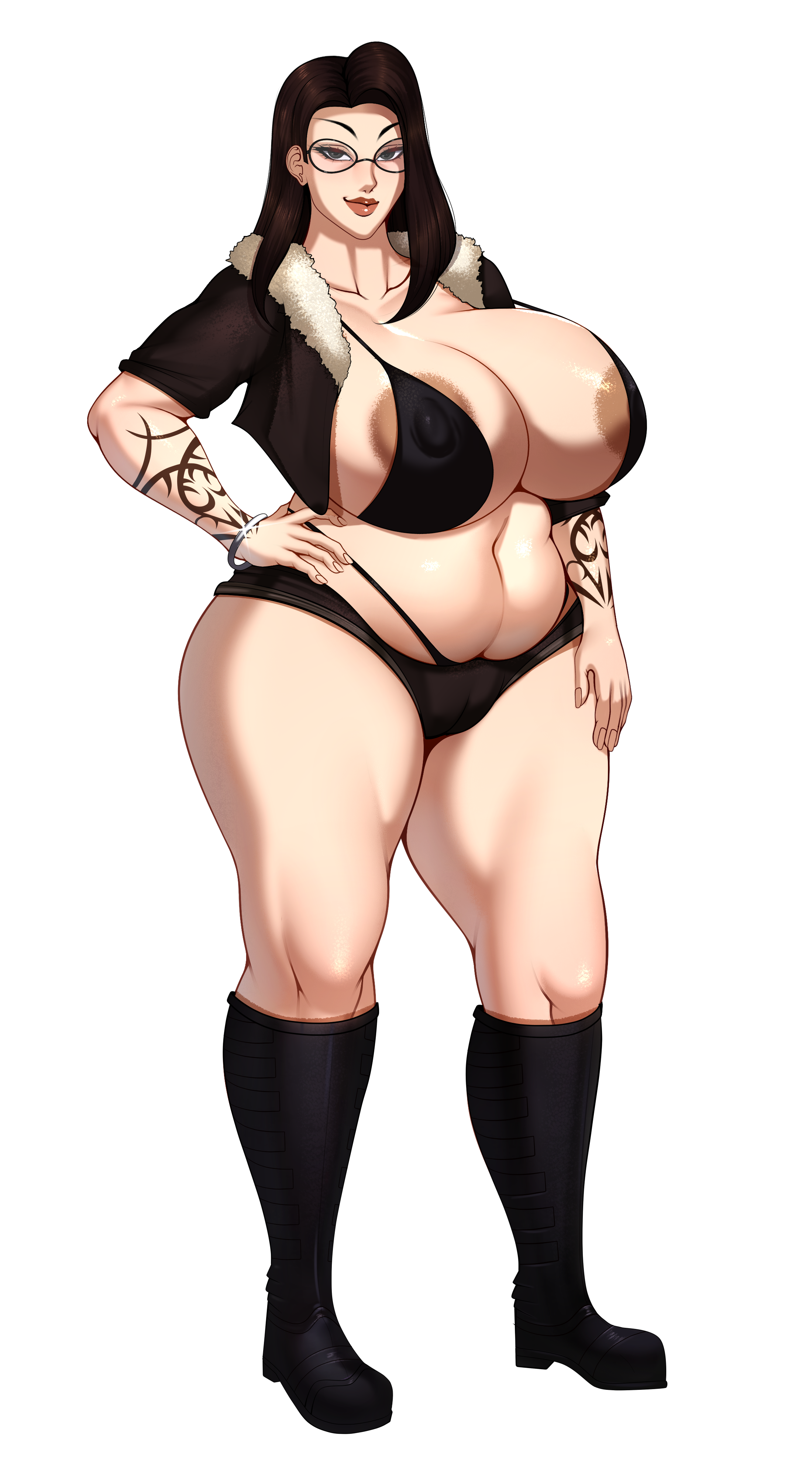 aerolae, bikini top, black hair, boots, bracelet, chubby female, commission, cropped jacket, glasses, hand on hip, huge breasts, large breasts, m jr art, milf, milf body, morgan locke (adahn.j), muffin top, nipples visible through bikini, plump, tattoo, tattooed arm, thick thighs, wide hips