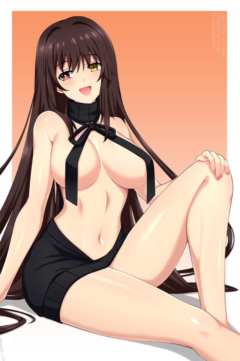 1girls 2d 2d_(artwork) belly black_hair breasts covered_nipples date_a_live exposed_breasts exposed_torso light-skinned_female long_hair looking_at_viewer medium_breasts no_shoes no_socks red_eyes sitting solo solo_female thighs tokisaki_kurumi virgin_killer_sweater