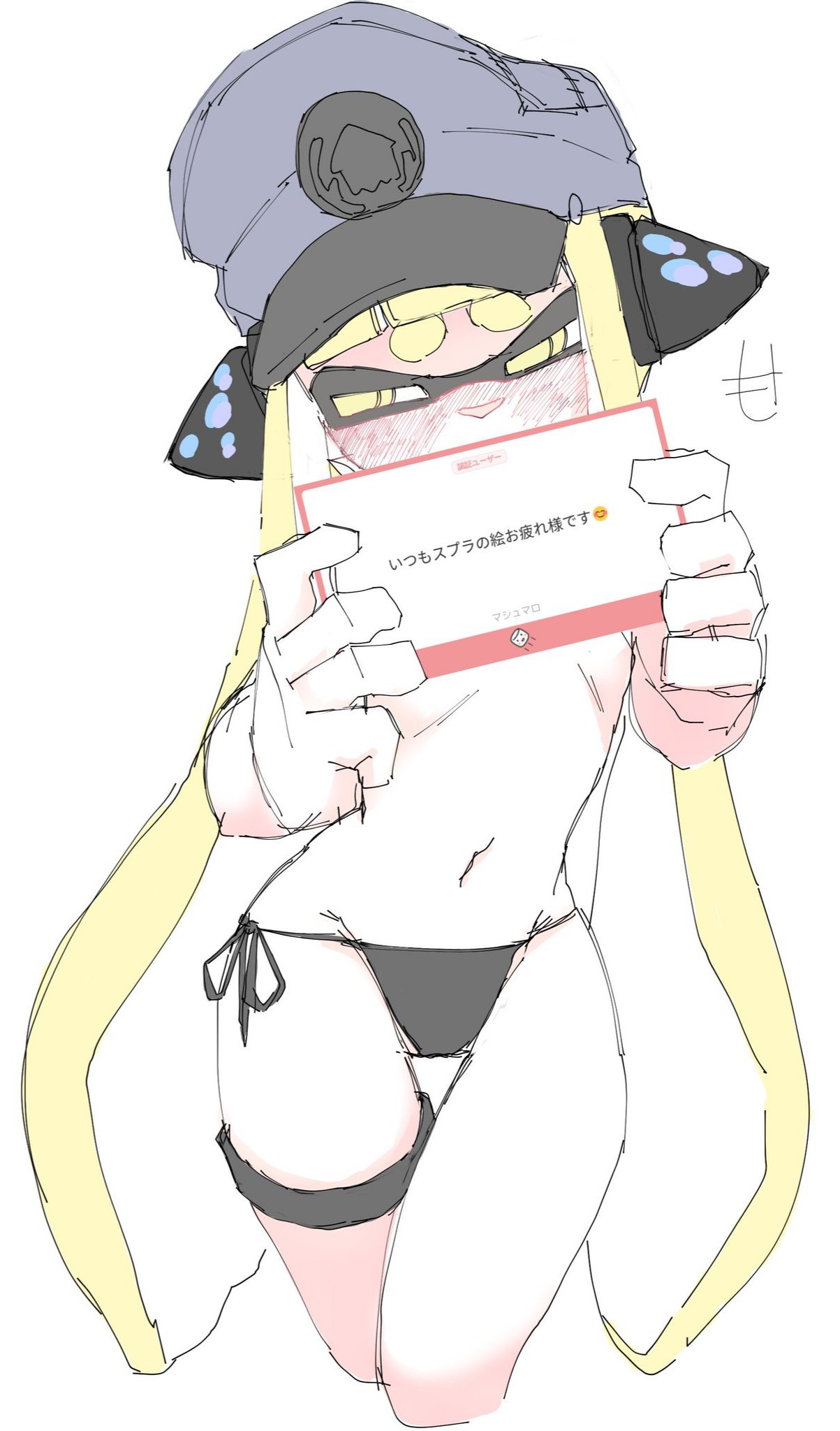 agent_3_(splatoon) beret blush breaking_the_fourth_wall cap captain_(splatoon_3) covering covering_breasts embarrassed hat headphones headwear holding_object inkling inkling_girl looking_away mocamocaink navel no_bra petite petite_body side-tie_panties sign small_breasts splatoon splatoon_3 splatoon_3:_return_of_the_mammalians tentacle_hair thigh_strap thong twintails yellow_hair