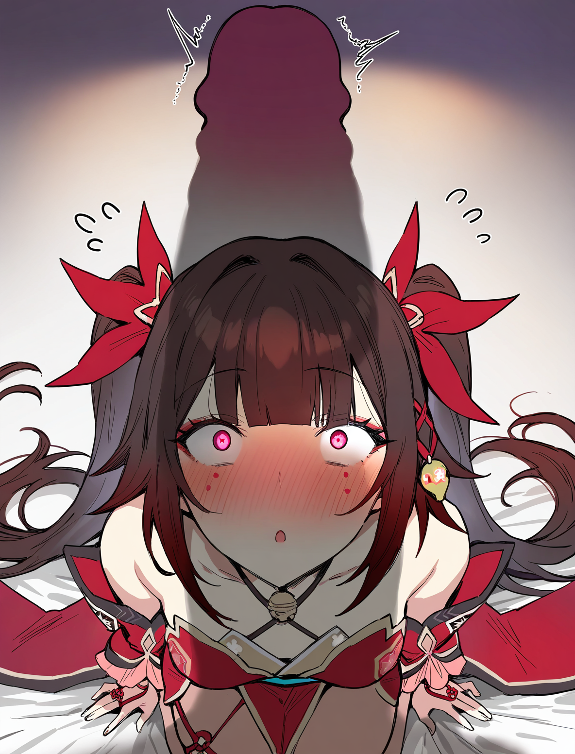 1boy, 1girls, 2d, artist request, blush, cock shock, female, honkai (series), honkai: star rail, hoyoverse, huge cock, imminent deepthroat, male, mihoyo, on knees, penis, penis awe, penis shadow, scared, shocked, shocked expression, sparkle (honkai: star rail), staring at penis, wide eyed