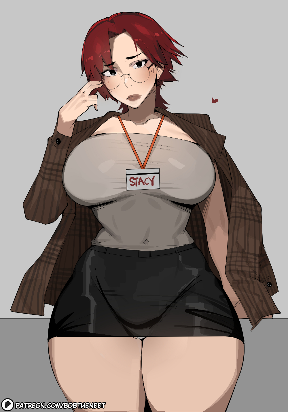 1girls bobtheneet breasts female female_only glasses hi_res large_breasts light-skinned_female light_skin looking_at_viewer original red_hair short_hair skirt solo thighs wide_hips