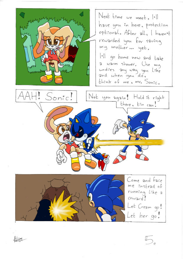 anthro blue_fur clothing cream_the_rabbit dori_green dress english_text female furry hedgehog male mammal metal_sonic no_panties pussy sonic_(series) sonic_the_hedgehog text video_games