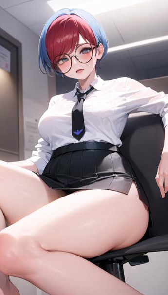 ai_generated ass blue_hair fully_clothed glasses large_breasts looking_down nintendo office penny_(pokemon) pokemon red_hair sitting thick_thighs thighs tie