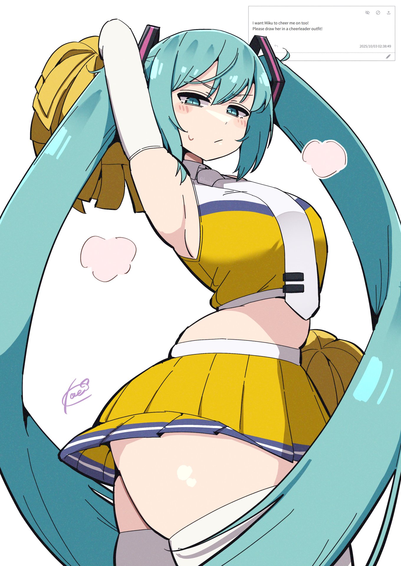 1girl, 1girls, aqua eyes, aqua hair, arm behind head, arm up, armpits, ass, bangs, blush, breasts, cheerleader, closed mouth, crop top, elbow gloves, english text, female, from side, gloves, hair ornament, hatsune miku, highres, holding, holding pom poms, koeikobo, kooei, large breasts, long hair, long twintails, looking at viewer, medium breasts, midriff, miniskirt, necktie, pleated skirt, pom pom (cheerleading), request inset, shirt, signature, simple background, skindentation, skirt, sleeveless, sleeveless shirt, slit pupils, solo, standing, sweat, thick thighs, thighhighs, thighs, twintails, v-shaped eyebrows, very long hair, vocaloid, white background, white gloves, white necktie, white thighhighs, yellow pom poms, yellow shirt, yellow skirt