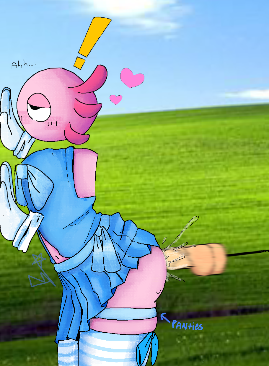 axolotl axolotl_humanoid blue_dress fast_thrusts kinito kinitopet panties_down pink_body ribbon rolling_eyes sex_machine side_view