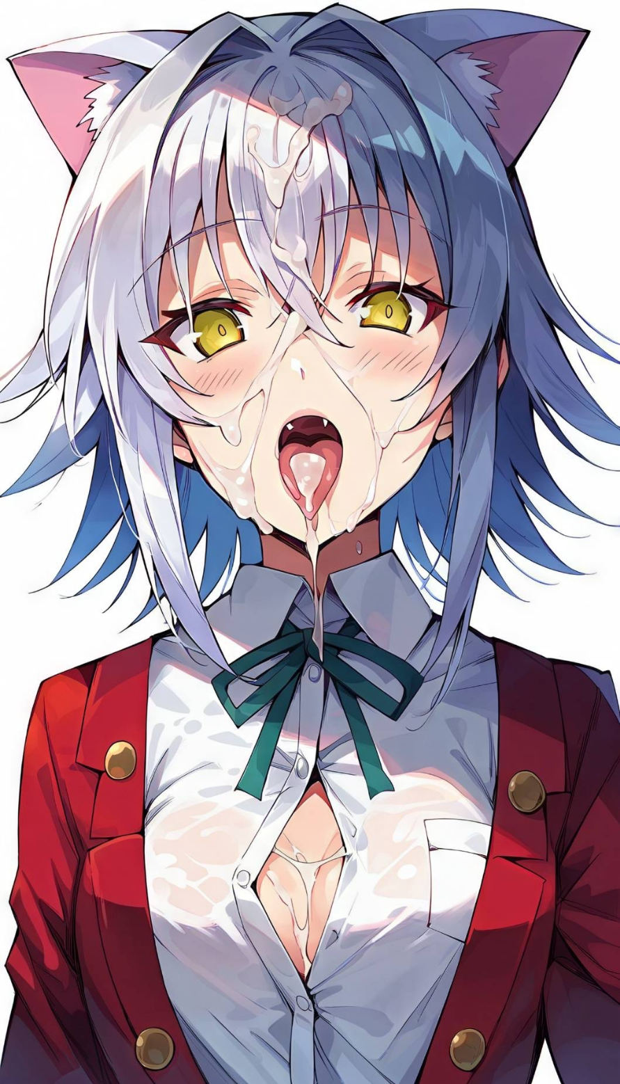 cat_ears catgirl cleavage cum_in_hair cum_in_mouth cum_on_body cum_on_breasts cum_on_face fully_clothed open_mouth short_hair sticking_out_tongue tongue_out white_background white_hair