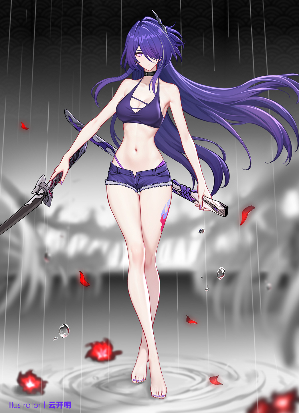 1girls acheron_(honkai:_star_rail) adult adult_female ankles bare_arms bare_belly bare_calves bare_chest bare_hands bare_hips bare_knees bare_legs bare_midriff bare_navel bare_shoulders bare_skin bare_soles bare_thighs bare_toes bare_torso barefoot belly belly_button bikini bikini_top black_choker breasts busty busty_female busty_girl calves choker cleavage collarbone curvy curvy_body curvy_female curvy_figure curvy_hips dark_background dot_nose earrings exposed_arms exposed_belly exposed_chest exposed_hands exposed_hips exposed_legs exposed_midriff exposed_navel exposed_shoulders exposed_skin exposed_thighs exposed_toes exposed_torso fair_skin feet female female_only fingernails fingers full_body grey_background hair_ornament hair_ornaments hair_over_one_eye high_resolution highres honkai:_star_rail honkai_(series) hourglass_figure jean_shorts knees lean_body lean_figure legs light-skinned_female light_skin lips long_hair looking_at_viewer mature mature_female medium_breasts nail_polish nails narrow_waist navel pale-skinned_female pale_skin parted_bangs purple_bikini purple_bikini_top purple_eyebrows purple_eyes purple_eyes_female purple_fingernails purple_hair purple_hair_female purple_nail_polish purple_nails purple_shorts purple_swimsuit purple_swimwear purple_toenail_polish purple_toenails rain raining shorts shoulders slender_body slender_waist slim_girl slim_waist smooth_skin solo standing swimsuit swimwear sword thick_thighs thighs thin_waist toenail_polish toenails toes weapon wide_hips yunkaiming