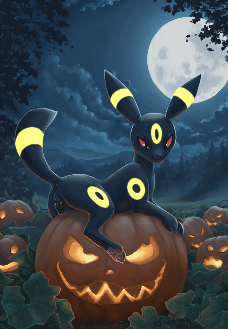 animal_genitalia animal_pussy canine_genitalia canine_pussy eeveelution female feral food fruit generation_2_pokemon genitals halloween holidays jack-o'-lantern moon niffad night nintendo pawpads paws plant pokemon pokemon_(species) pumpkin pumpkin_patch pussy solo umbreon