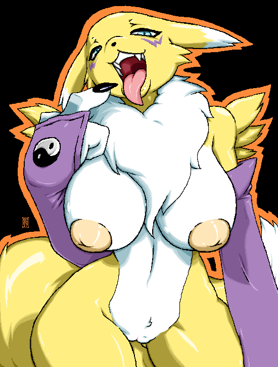 2017 3_fingers areola blue_eyes breasts claws digimon female fur inverted_nipples mindsedge mostly_nude neck_tuft nipples pointing pussy renamon solo tongue tongue_out tuft white_fur yellow_fur