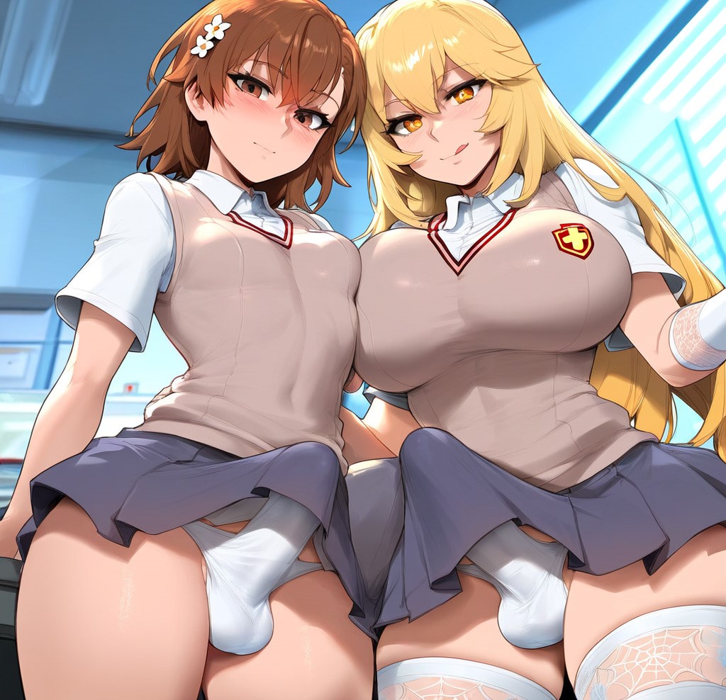 +_+ 2girls :q ai_generated blonde_hair blush breasts brown_eyes brown_hair bulge controller elbow_gloves erection_under_clothes futanari gloves grey_skirt hair_ornament handbag large_breasts long_hair looking_at_viewer misaka_mikoto multiple_girls panties pleated_skirt racerai remote_control school_uniform shokuhou_misaki short_sleeves skirt smile spider_web_print sweater_vest symbol-shaped_pupils thighhighs to_aru_kagaku_no_railgun to_aru_majutsu_no_index tongue tongue_out underwear white_gloves white_legwear white_panties white_shirt yellow_eyes yuri