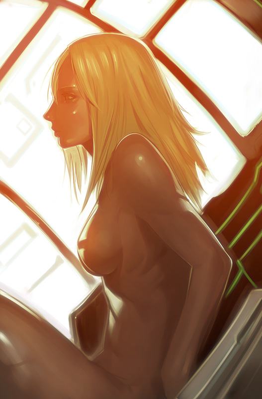 blonde_hair bodysuit breasts female female_only human kichin_yarou marsspider metroid nintendo nude samus_aran skin_tight solo sunlight window zero_suit