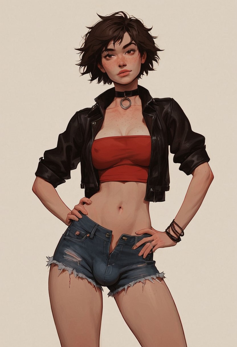 ai_generated broskybro bulge choker denim_shorts freckles futanari hands_on_hips jacket shorts tomboy tube_top tubetop unbuttoned unbuttoned_shorts unzipped unzipped_shorts