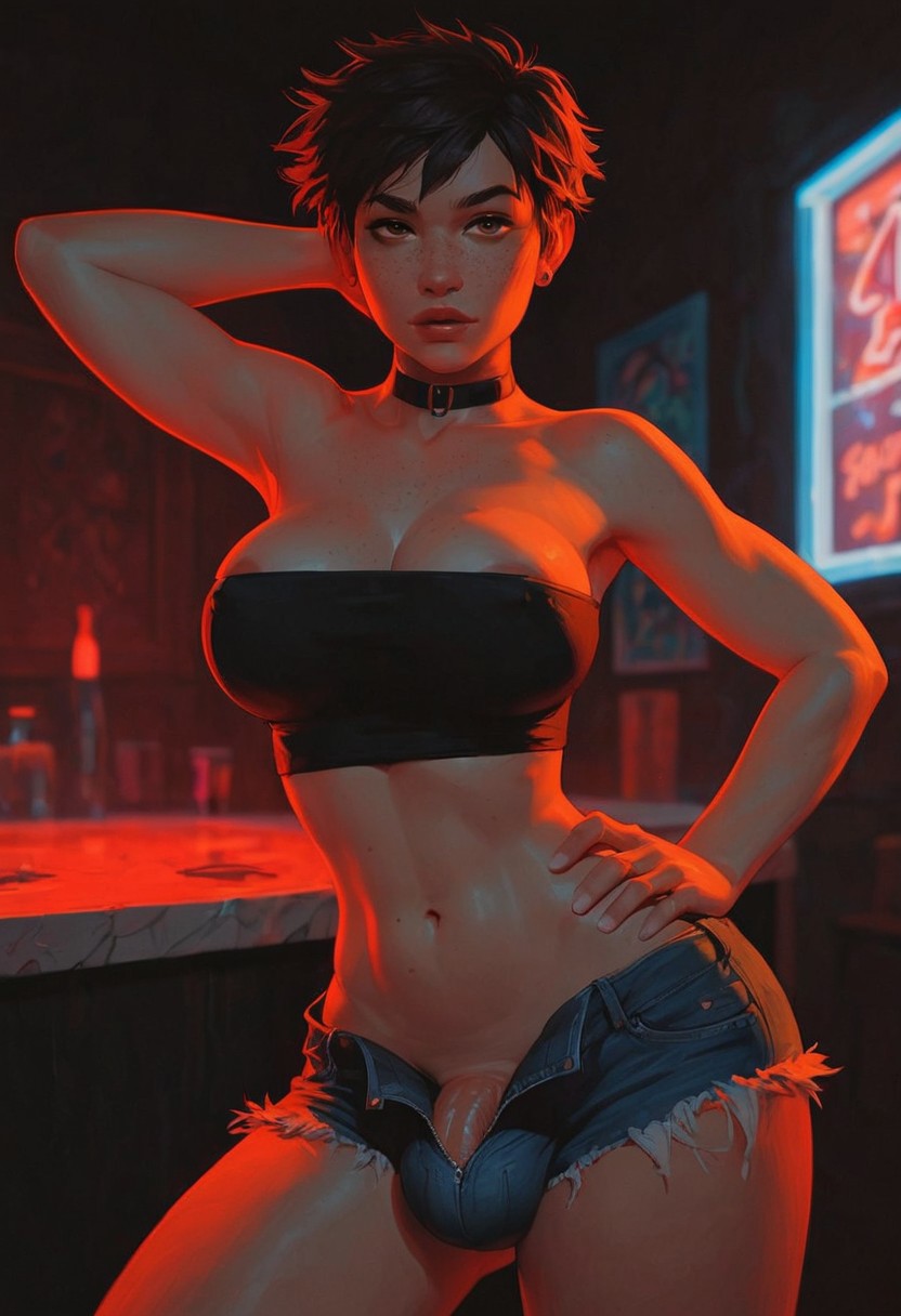 ai_generated areolae_slip arm_up bar broskybro bulge choker denim_shorts freckles futanari hand_on_hip penis_peek shorts tomboy tube_top tubetop unbuttoned unbuttoned_shorts unzipped unzipped_shorts