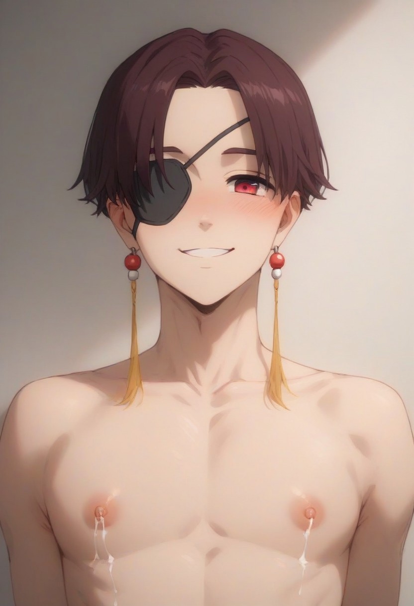 1boy 1femboy ai_generated blush brown_hair completely_naked completely_naked_male completely_nude completely_nude_male earrings eyepatch femboy hayato_suo lactating lactating_nipples lactation looking_at_viewer male male_focus male_lactation male_only milk naked nipples nude pectorals puffy_chest red_earrings red_eyes red_jewel short_hair simple_background smile suo_hayato sweatdrop tassel teeth trap twink upper_body white_background wind_breaker windbreaker yaoi yellow_tassel