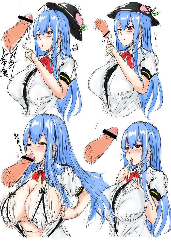 1boy 1girls blue_hair blush breasts censored drooling erection_under_clothes fellatio female ground_zero hat huge_breasts long_hair precum red_eyes ribbon saliva simple_background solo_focus tenshi_hinanawi touhou white_background zerogura