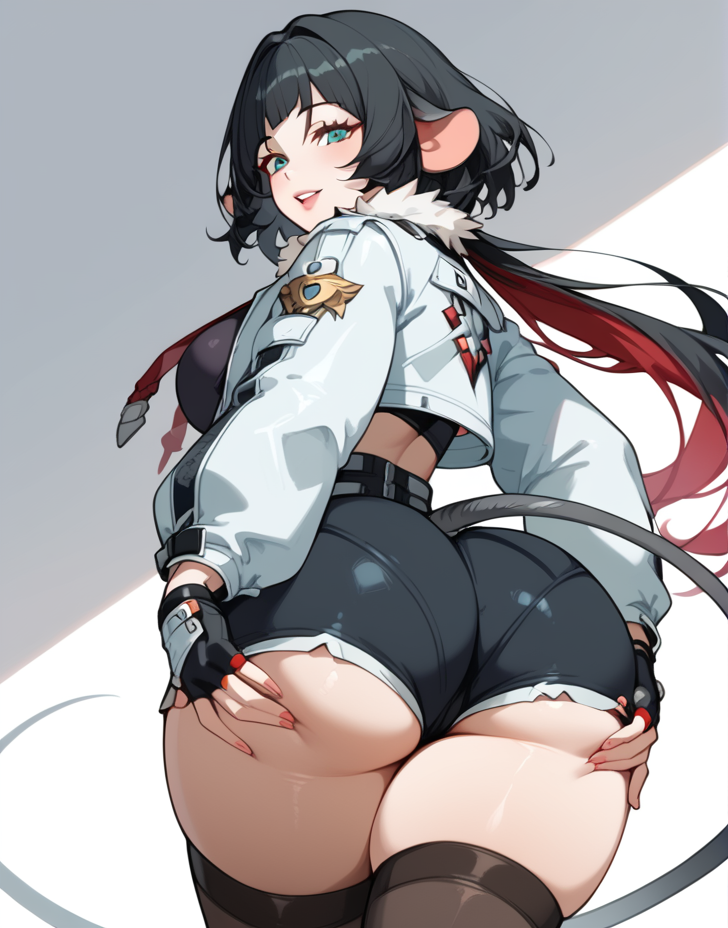 ai_generated animal_ears ass ass_focus ass_grab black_hair blush breasts cameltoe come_hither deep_skin female fingerless_gloves from_behind from_below gloves gradient_hair green_eyes huge_ass jacket jane_doe_(zenless_zone_zero) large_breasts long_hair looking_at_viewer low_ponytail mouse_ears multicolored_hair red_hair shiny shiny_clothes shiny_hair shiny_skin short_shorts shorts sideboob smile solo tail thick_thighs thighhighs very_long_hair zenless_zone_zero