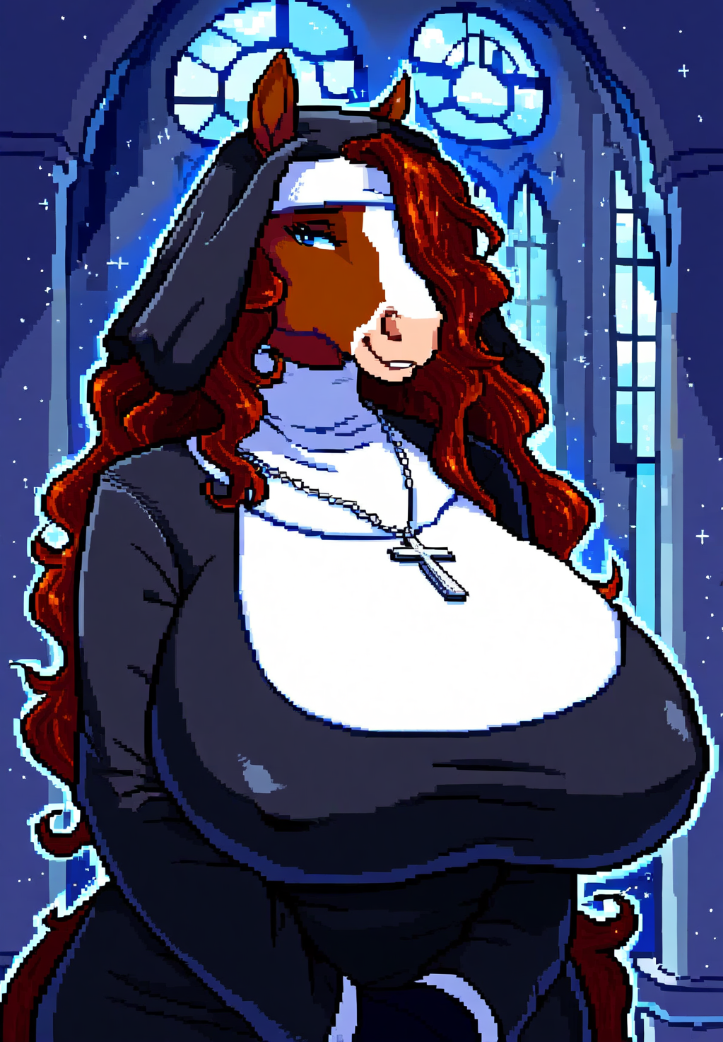 ai_generated anthro anthro_female anthro_horse blue_eyes brown_fur brown_hair clothed cross_necklace curly_hair draft_horse furry_focus furry_only giant_brests habit head_covering horse horse_girl large_breasts long_hair looking_at_viewer majorfluffy mature_anthro mature_female novelai nun nun_clothing pixel_art pixelart red_hair religious smile tagme wavy_hair white_fur