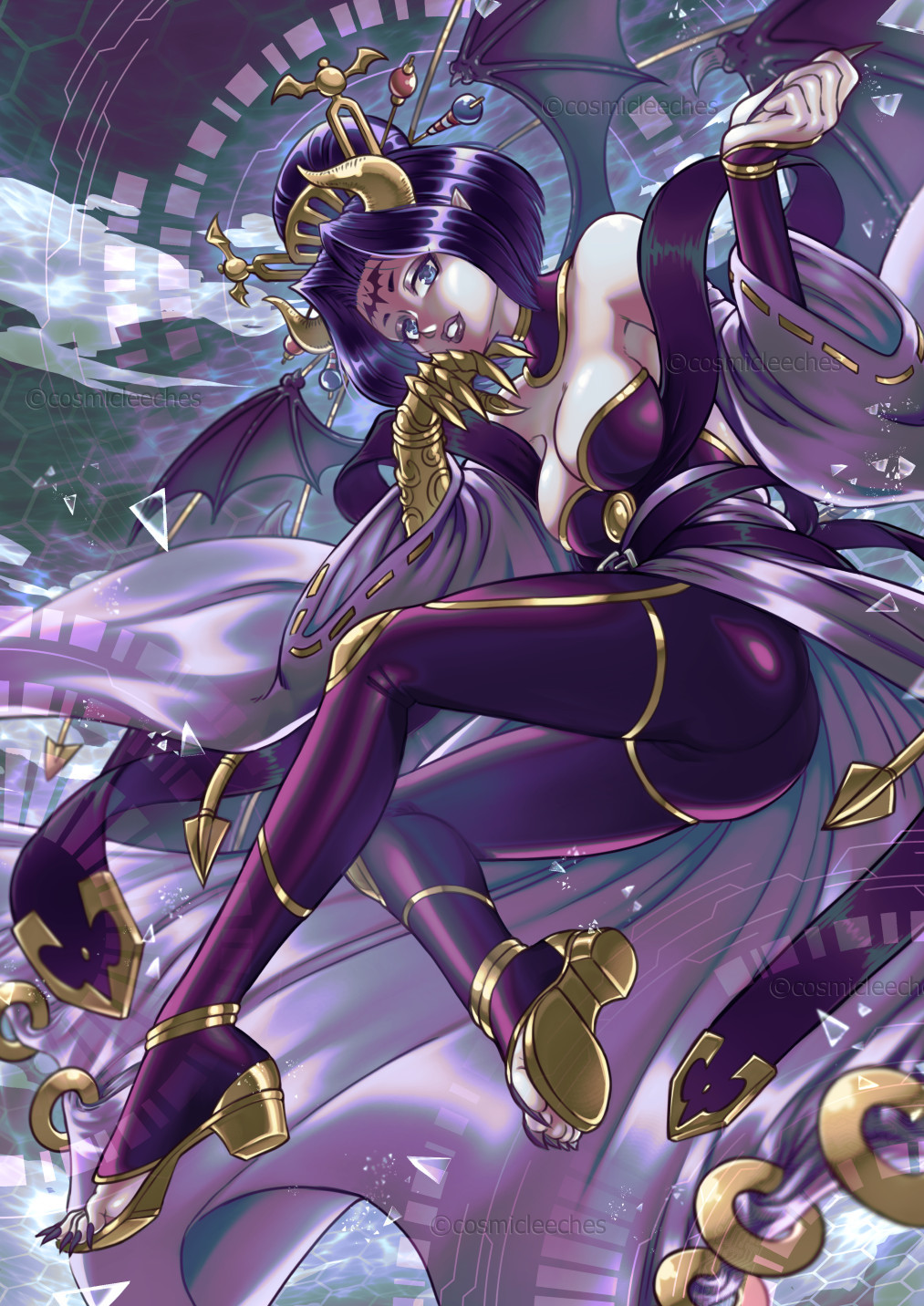 1girls 2022 ass belt black_hair blue_eyes breasts cleavage cosmicleeches demon demon_girl demon_horns digimon digimon_(species) female female_only forehead_mark hair_ornament hi_res high_heels highres horns lilithmon looking_at_viewer mark_of_evil monster_girl seven_great_demon_lords solo succubus tied_hair