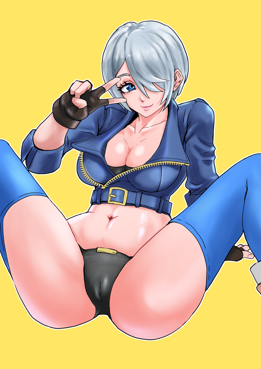 1girls angel_(kof) belly_button big_breasts black_gloves black_panties blue_eyes booty_shorts cameltoe cleavage clothed female female_only fingerless_gloves gloves hair_over_one_eye jacket king_of_fighters light-skinned_female light_skin one_eye_covered open_legs peace_sign simple_background solo sugestive_pose unknown_artist v_sign white_hair