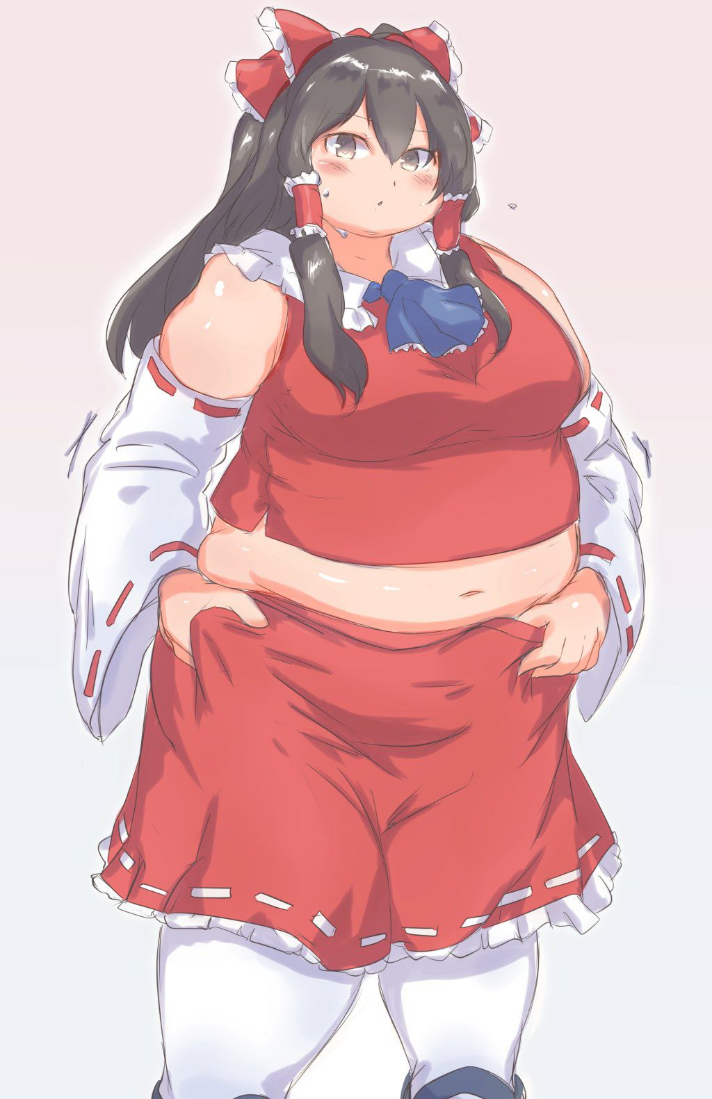 1girls bbw belly_overhang big_belly big_female blush chubby chubby_female double_chin embarrassed fat fat_ass fat_female fat_fetish fat_girl fat_woman fatty large_female obese obese_female overweight overweight_female pork_chop reimu_hakurei thick_thighs tight_clothes tight_clothing tight_fit touhou tubby weight_gain