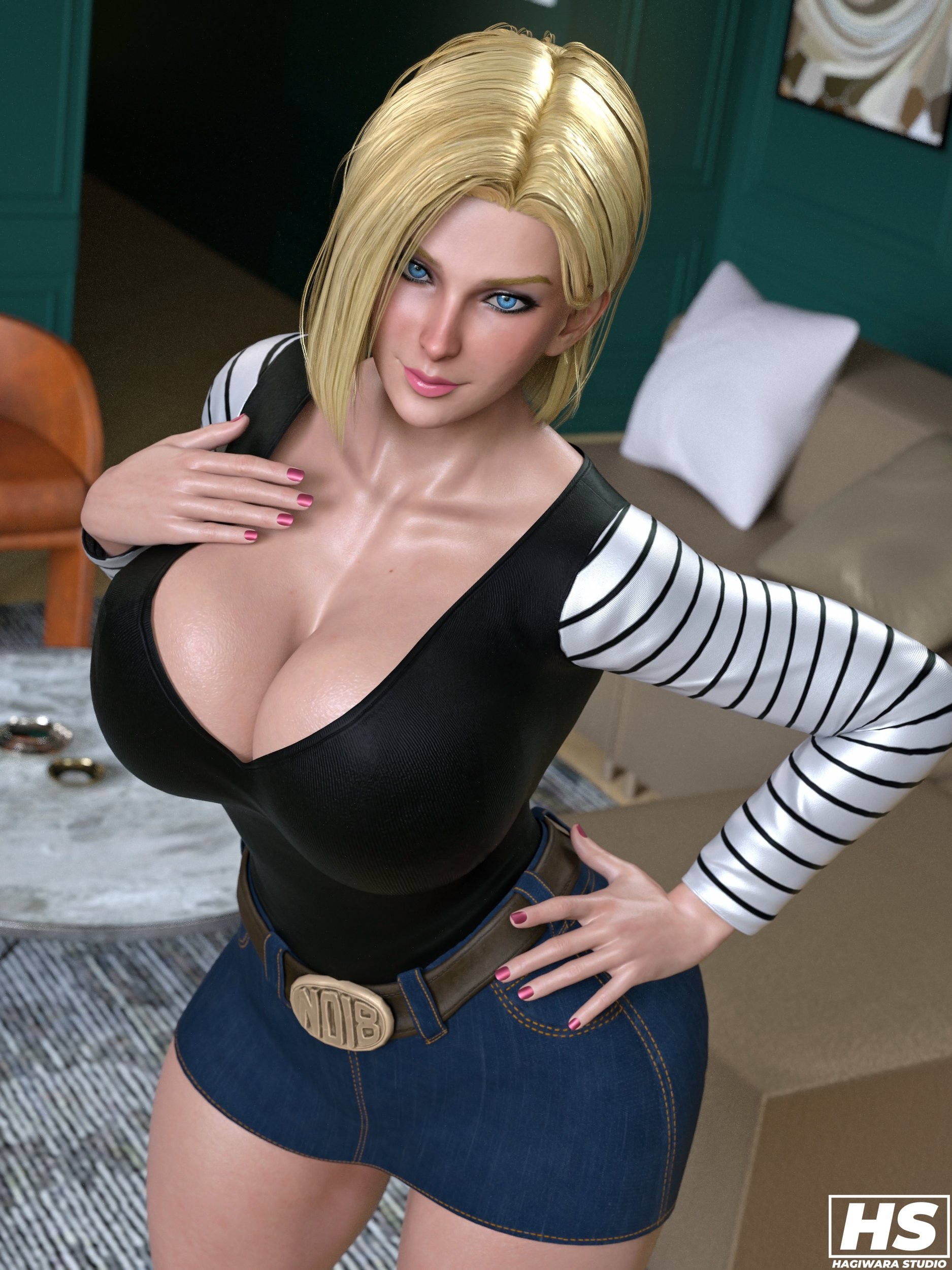 1girls, 2024, 3d, android, android 18, anime, artist logo, artist signature, big breasts, blonde female, blonde hair, blonde-haired female, blue eyes, breasts, busty, cleavage, clothed, clothed female, clothing, color, colored, dragon ball, dragon ball super, dragon ball z, female, female only, full color, hagiwara studio, hips, large breasts, light skin, light-skinned female, manga, massive breasts, shounen jump, voluptuous, voluptuous female