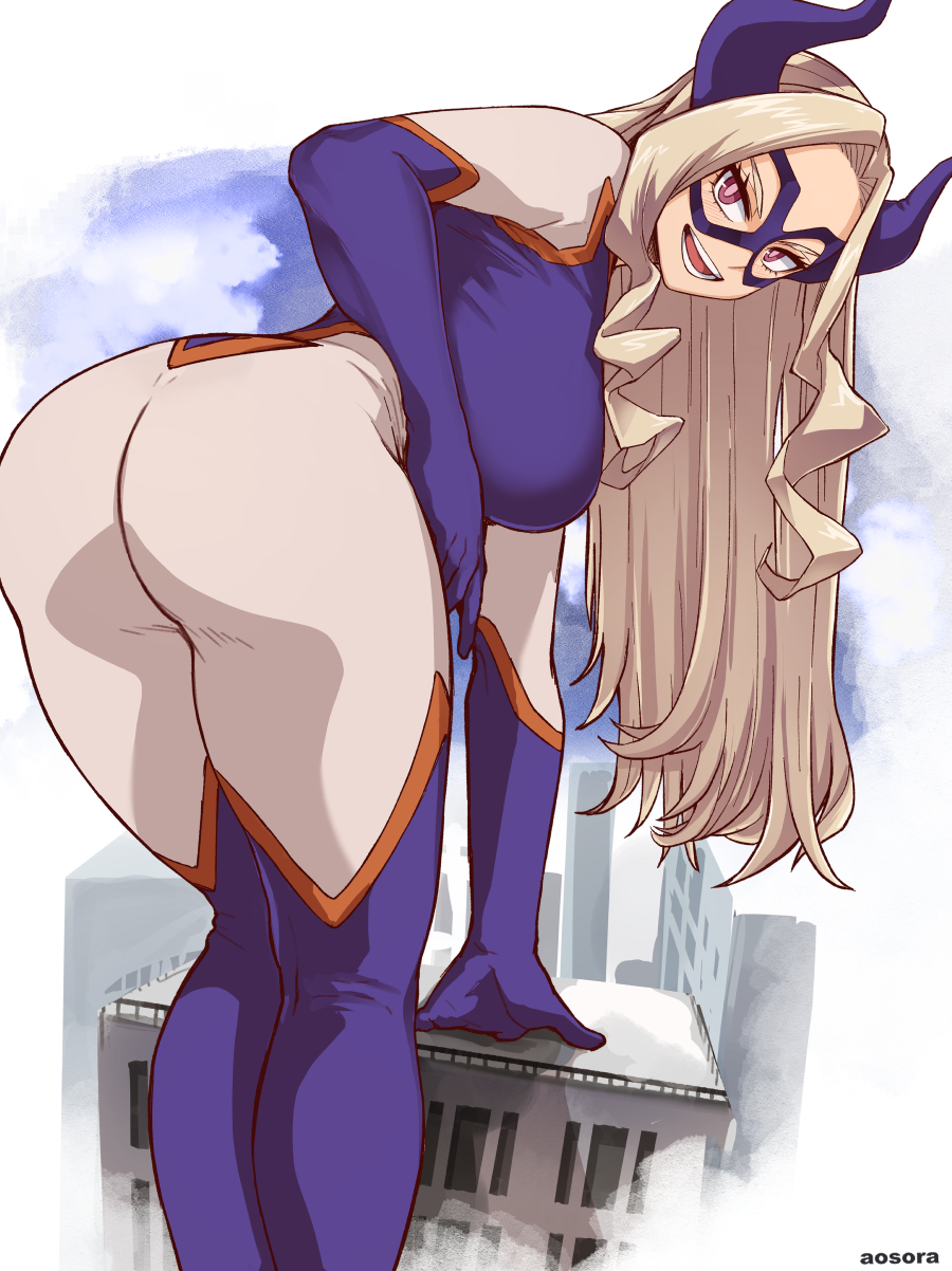 1girls aosora ass blonde_hair blush bodysuit boku_no_hero_academia booty building eye_mask female female_focus giant giantess highres long_hair looking_at_viewer looking_back mask mount_lady multicolored_bodysuit multicolored_clothes my_hero_academia pointy_chin skin_tight smile solo superhero_costume tight_clothes