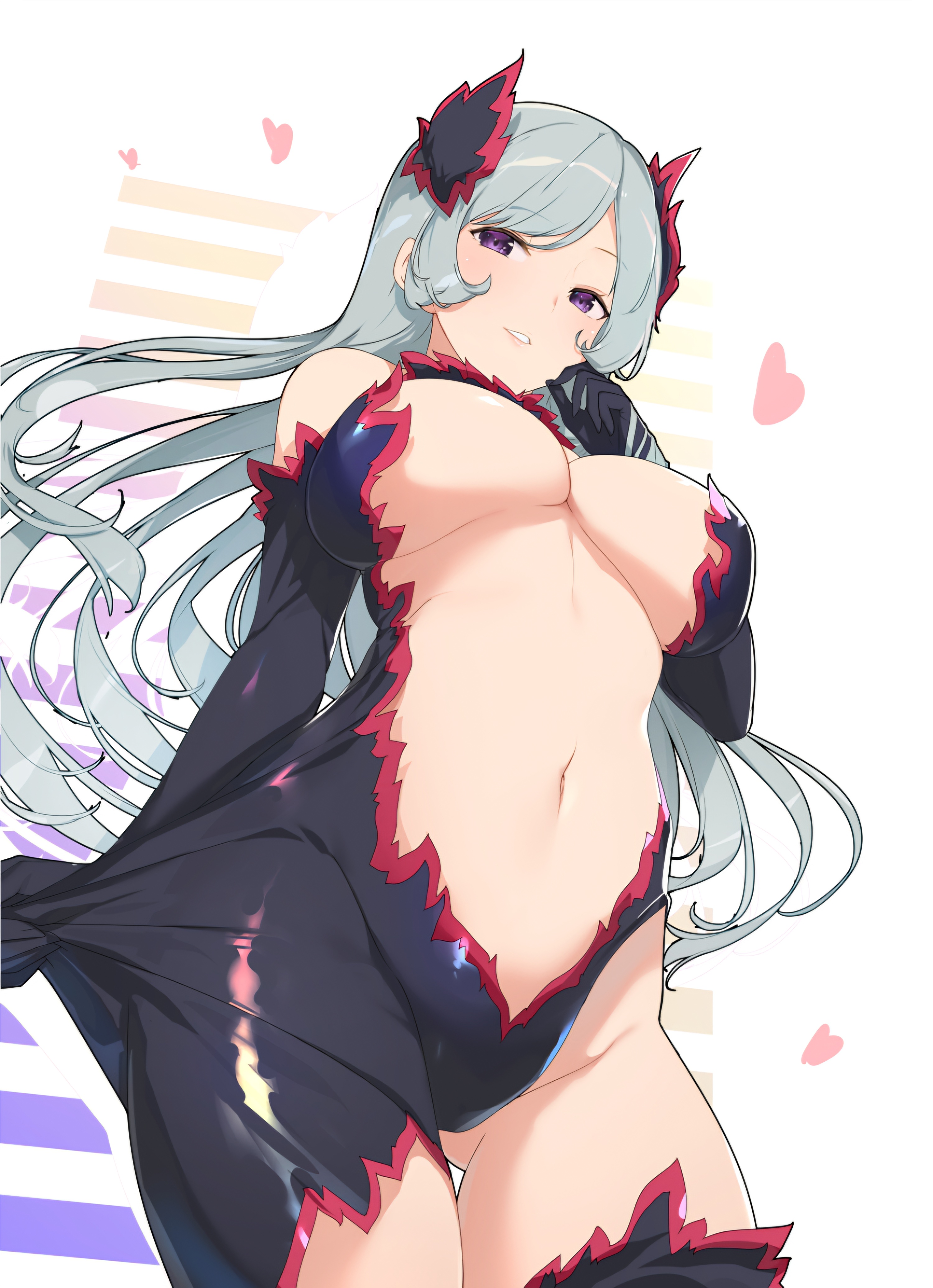 ass visible through thighs, black gloves, breasts, center opening, cleavage, clothes pull, commentary request, dungeon ni deai wo motomeru no wa machigatteiru darou ka, elbow gloves, female, freya (danmachi), gloves, heart, highres, large breasts, long hair, midriff, navel, official art, purple eyes, revealing clothes, skin tight, teeth, white background, yaegashi nan