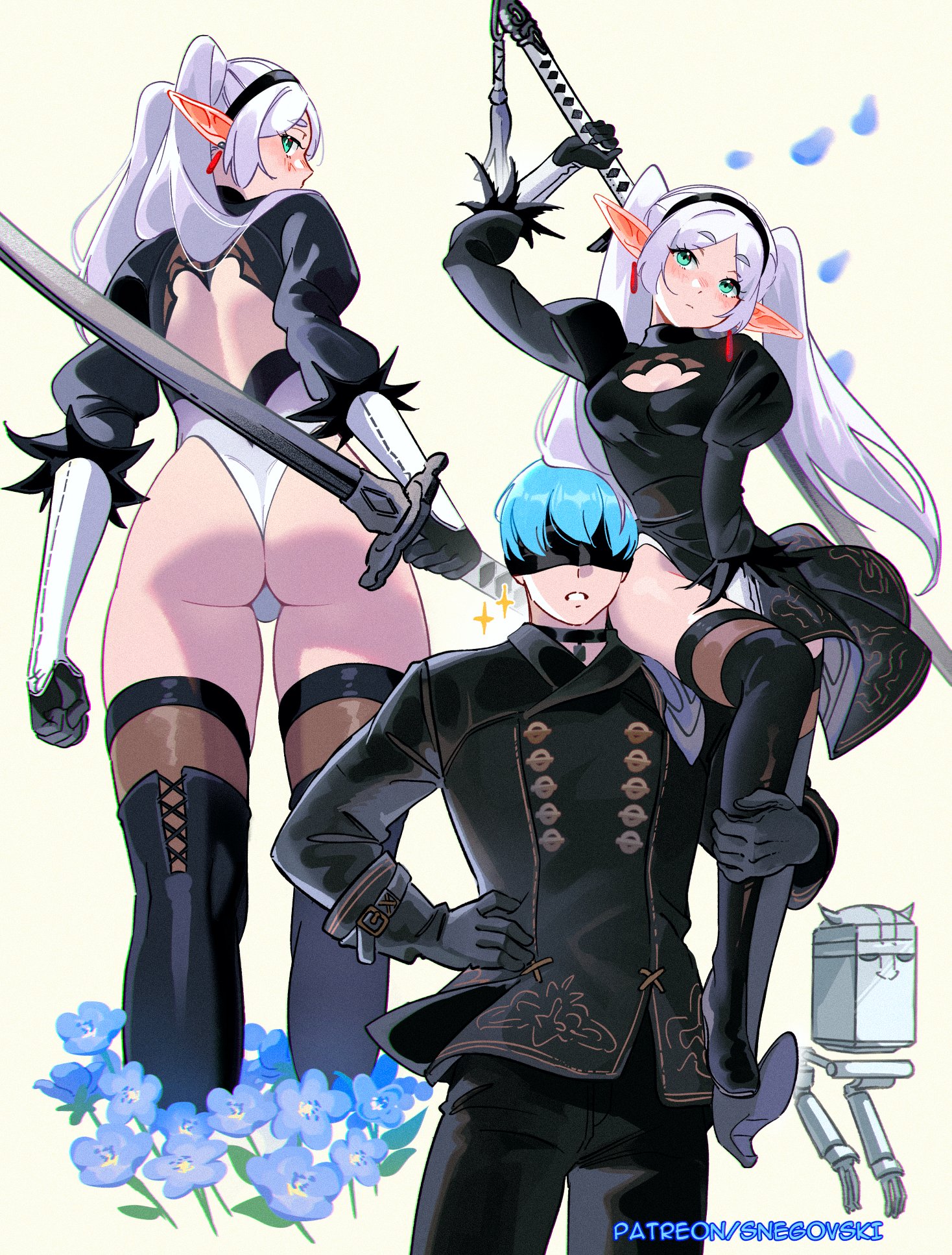 1boy, 1girls, 2d, ass, blindfold, blue hair, carrying, carrying partner, cosplay, crossover, dress, elf, elf ears, elf female, female, flower, frieren, green eyes, hi res, high heel boots, himmel (sousou no frieren), male, nier: automata, pod (nier), pointy ears, snegovski, sousou no frieren, stockings, sword, twintails, white hair, yorha 2b (cosplay), yorha 9s (cosplay)
