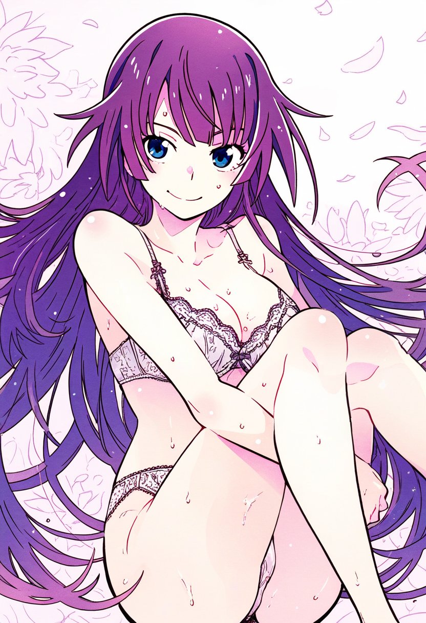 ai_assisted ai_generated arm_between_legs ass_visible_through_thighs bare_arms bare_belly bare_legs bare_shoulders bare_thighs blue_eyes blush body_blush bra breasts cleavage closed_mouth collarbone jei_games knees_up lace-trimmed_bra lace-trimmed_panties long_hair medium_breasts monogatari_(series) panties purple_hair senjougahara_hitagi sitting smile thighs underwear underwear_only wet_body wet_hair white_bra white_panties white_underwear