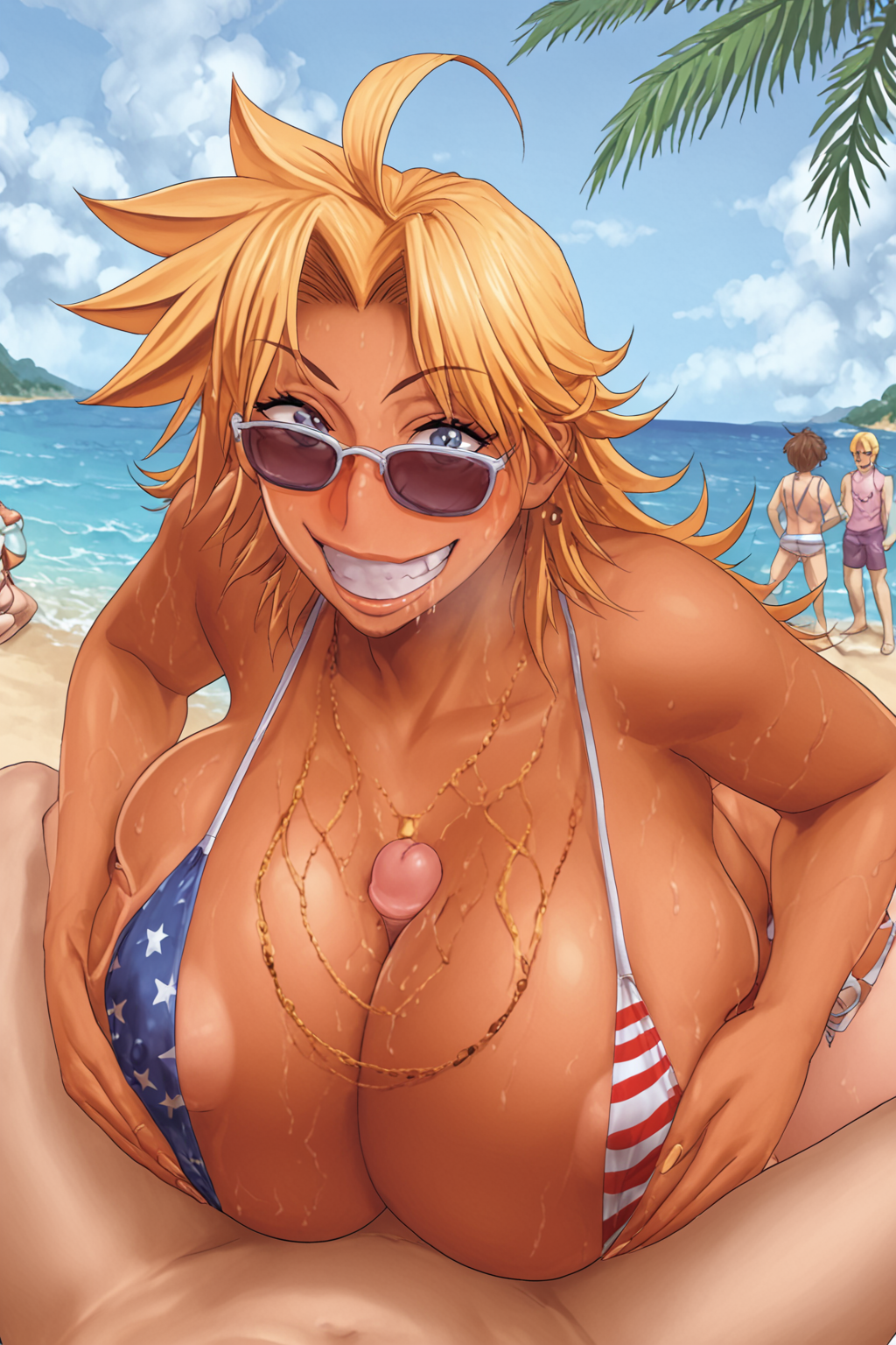 1girls ahe_gao ai_generated american_flag_bikini beach bikini blonde_hair blue_eyes dark-skinned_female energy_kyouka!! eyewear_on_head female gyaru huge_breasts human male paizuri palm_tree penis shiraishi_kyouka sunglasses titjob tongue uncensored water