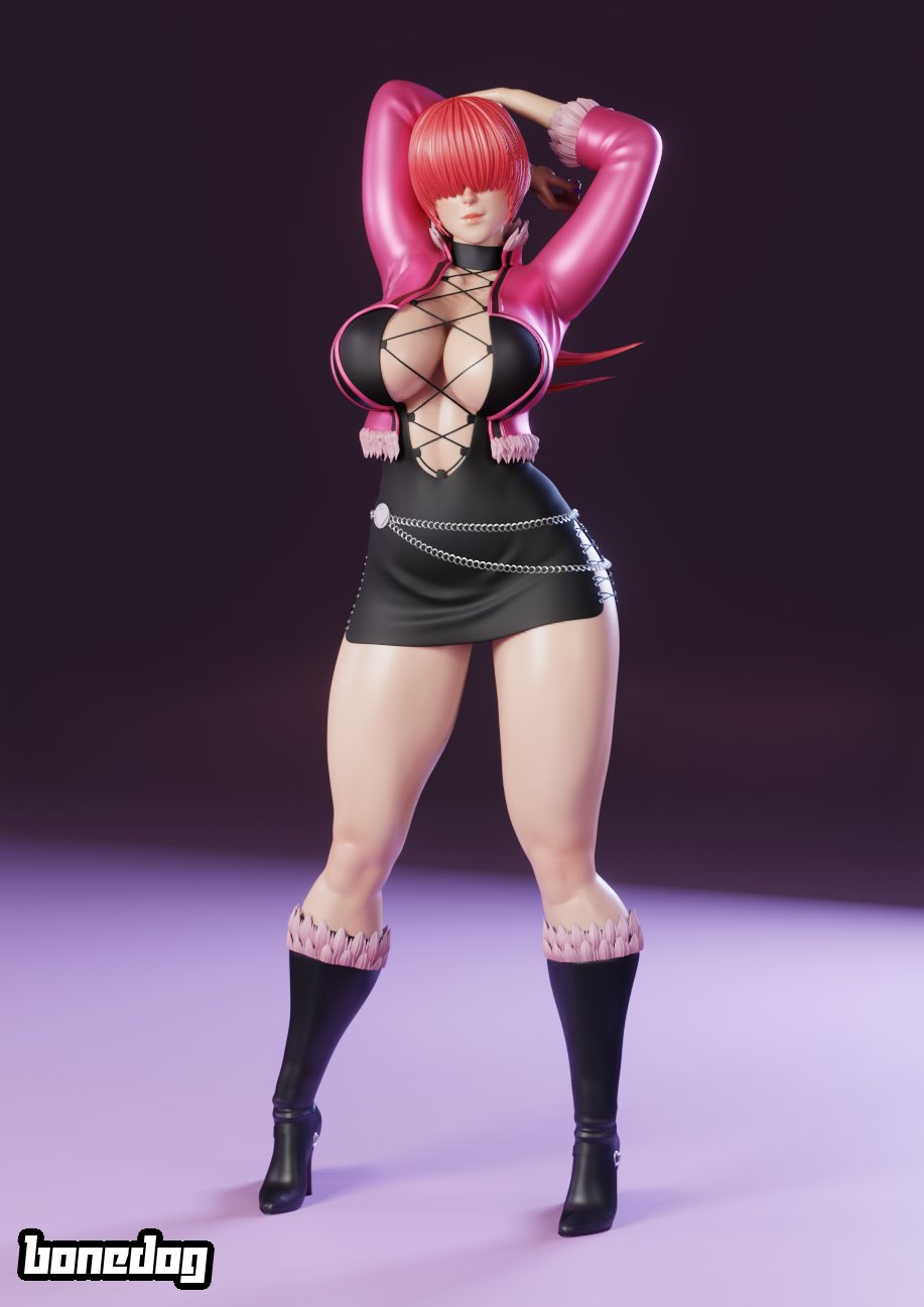 big_breasts black_boots bonedog boots fat_breasts hand_on_head heels jacket king_of_fighters pink_clothing red_hair shermie_(kof) skirt