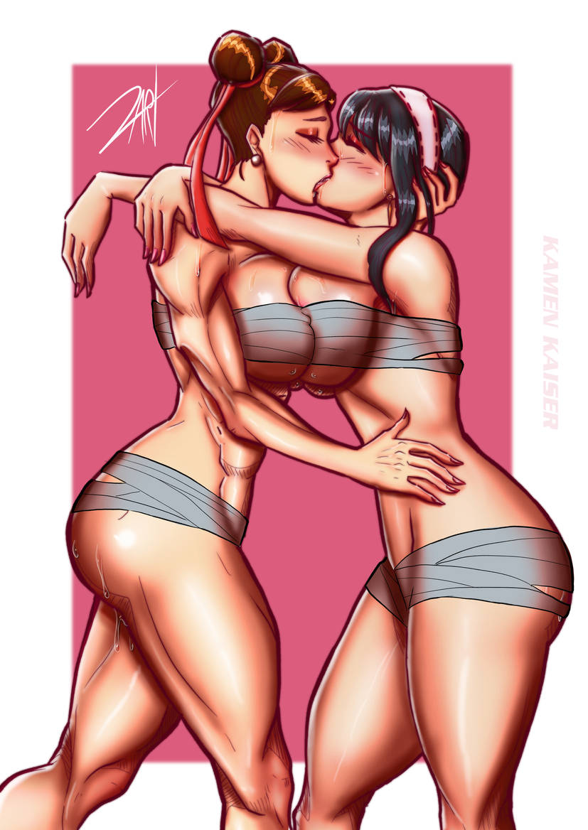 2girls, ass, big ass, big breasts, black hair, breasts, brown hair, chun-li, crossover, female, female only, huge breasts, kamenkaiser, kissing, large breasts, milf, multiple females, multiple girls, spy x family, street fighter, street fighter 6, yor briar, yor forger, yuri