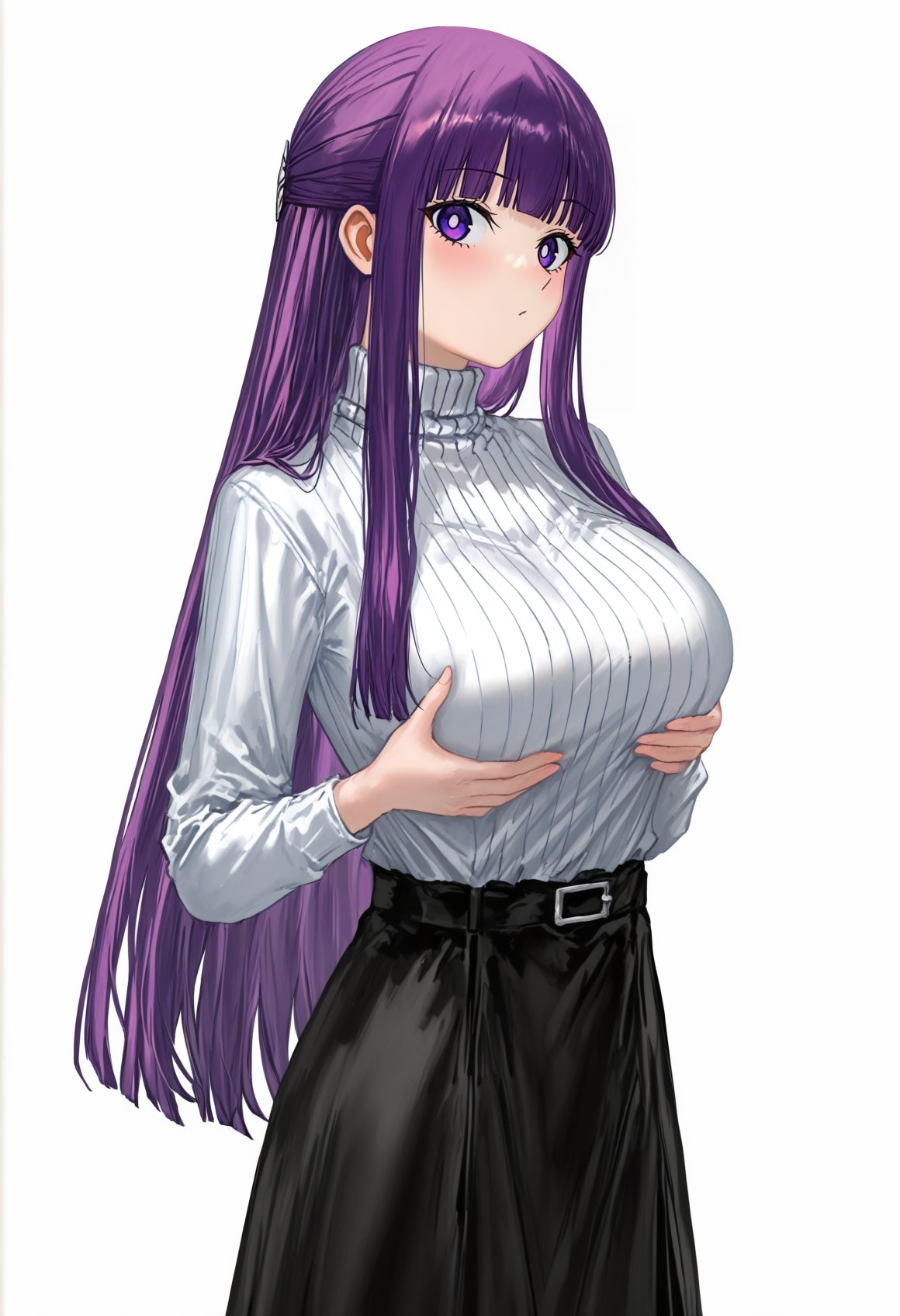 ai_generated fern_(sousou_no_frieren) not_porn purple_eyes purple_hair sfw skirt sousou_no_frieren sweater touching_breast turtleneck white_sweater