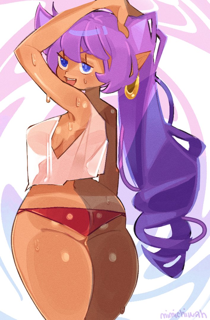 blue_eyes dark-skinned_female dark_skin earrings female hand_on_head hoop_earrings looking_back mimichiwah panties purple_hair see-through_clothing see-through_shirt shantae shantae_(character) solo tanline wet_clothes